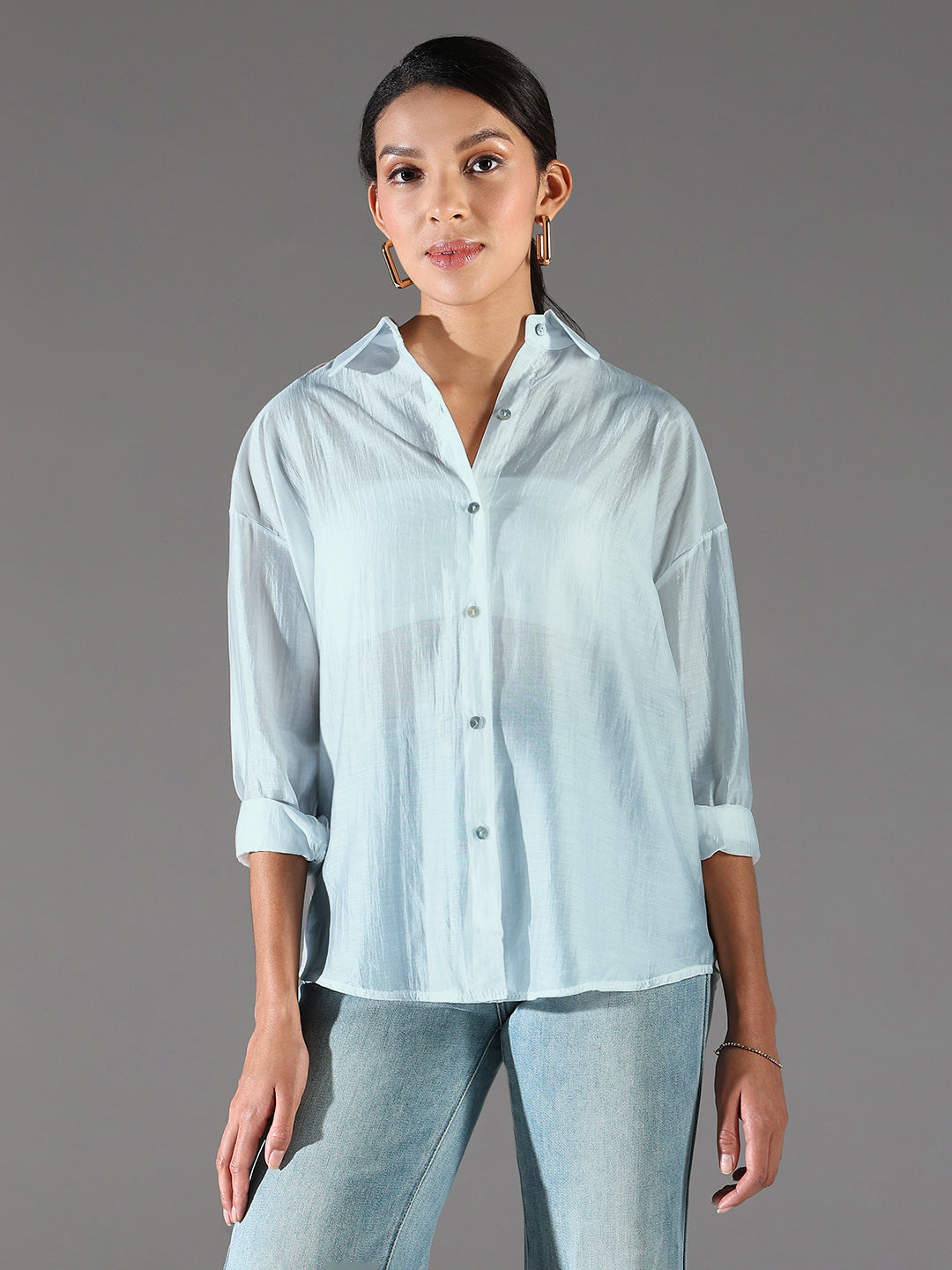 Women Blue Solid Oversized Shirt