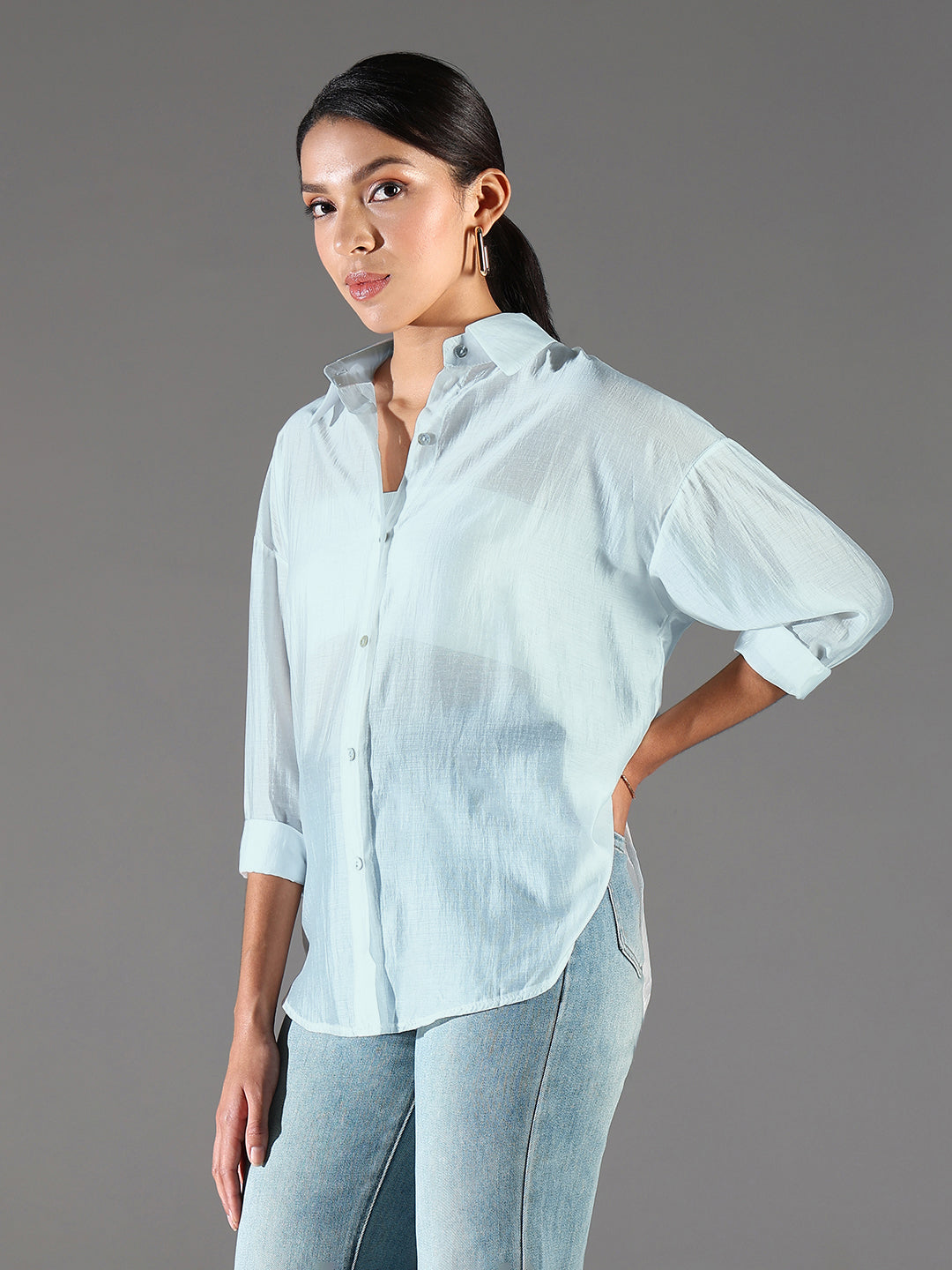 Women Blue Solid Oversized Shirt