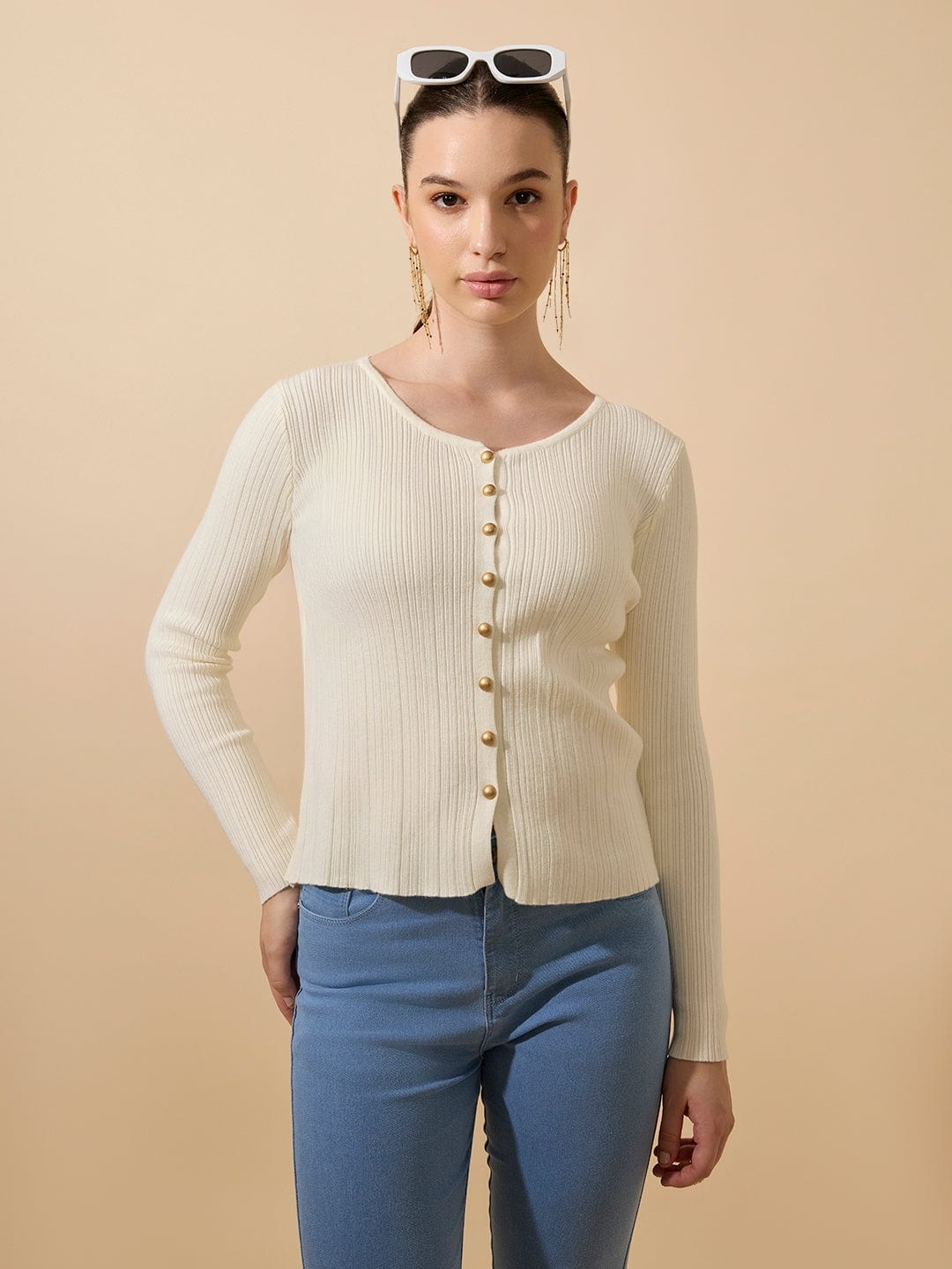 Women's Ribbed Off White Full Sleeves Top with Gold Buttons