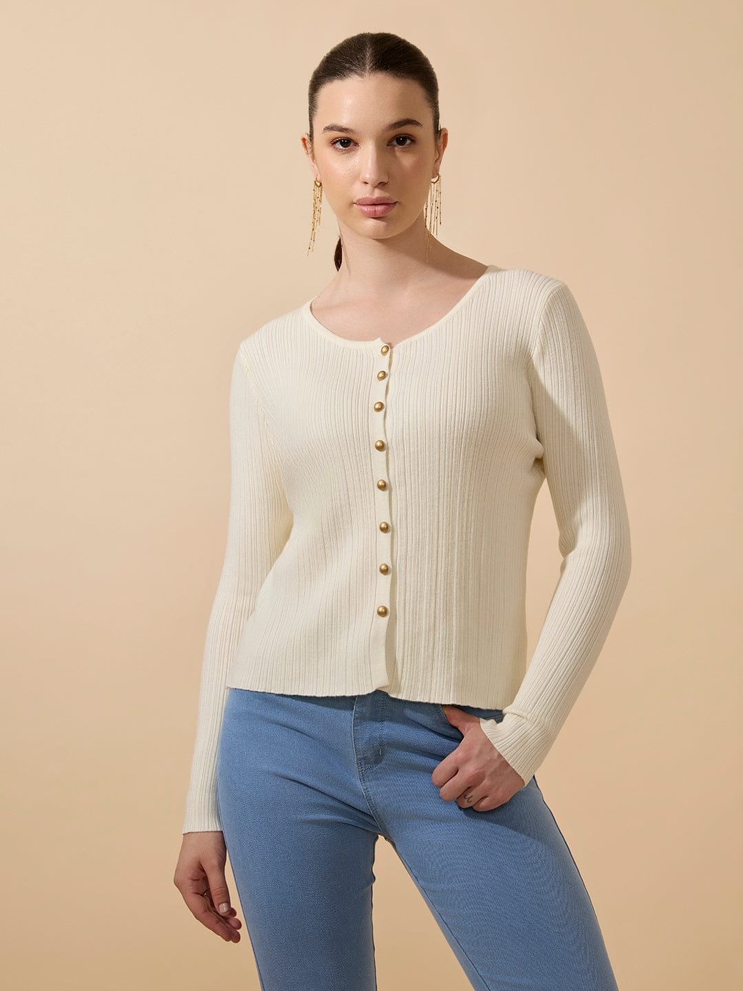 Women's Ribbed Off White Full Sleeves Top with Gold Buttons