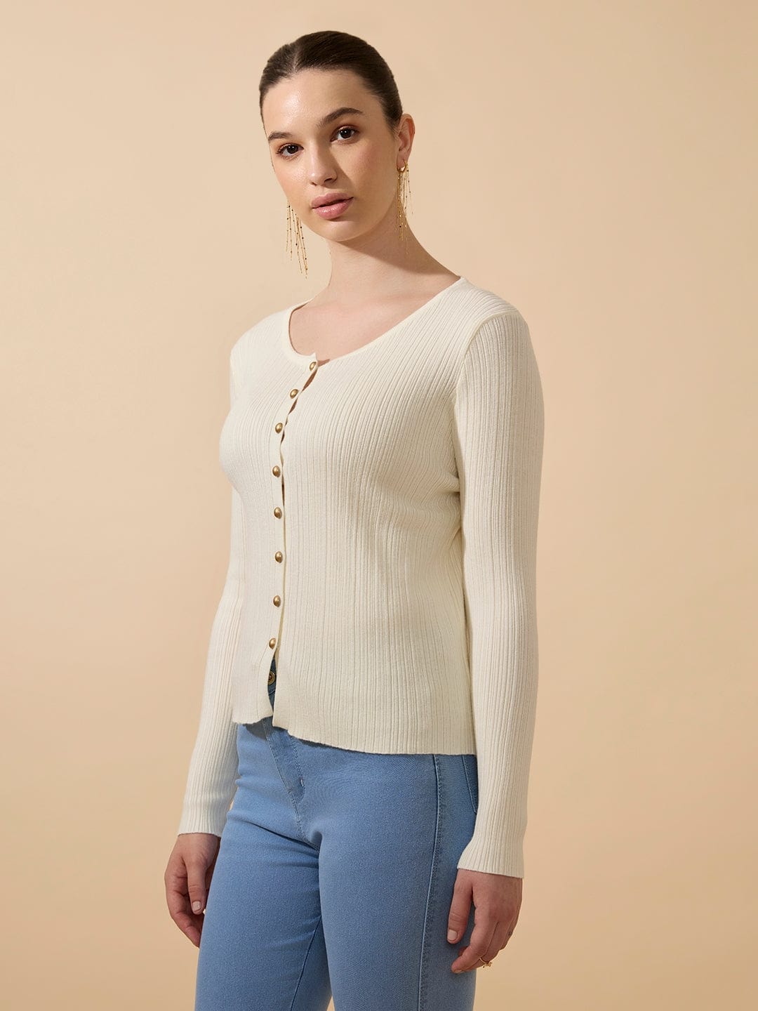 Women's Ribbed Off White Full Sleeves Top with Gold Buttons