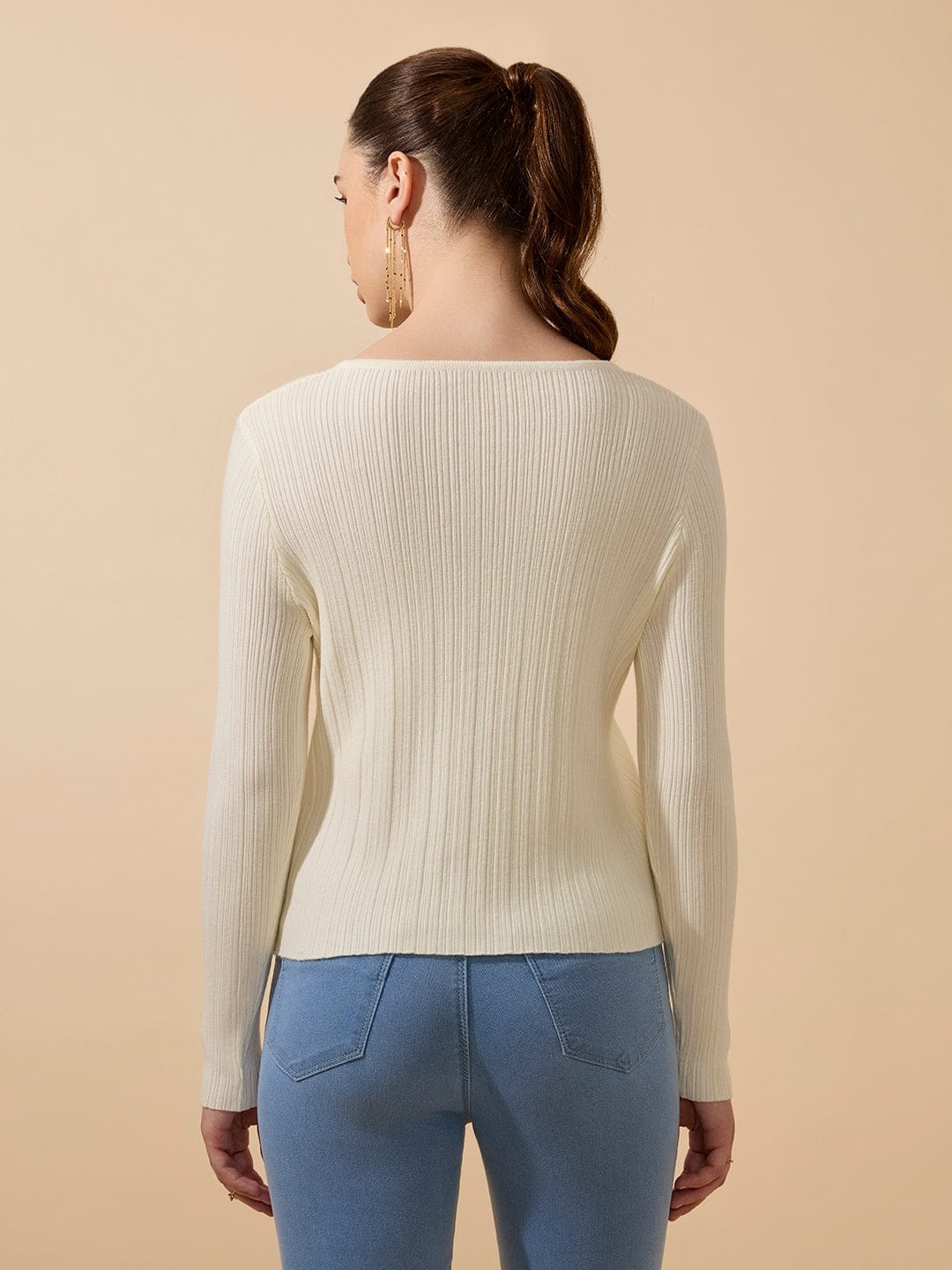 Women's Ribbed Off White Full Sleeves Top with Gold Buttons