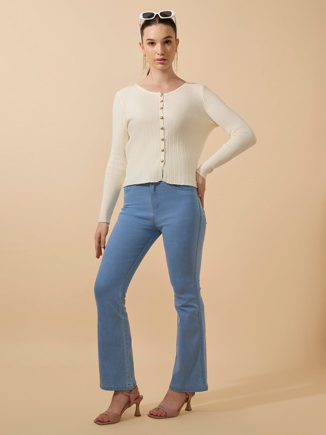 Women's Ribbed Off White Full Sleeves Top with Gold Buttons