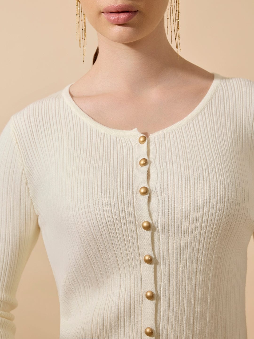 Women's Ribbed Off White Full Sleeves Top with Gold Buttons