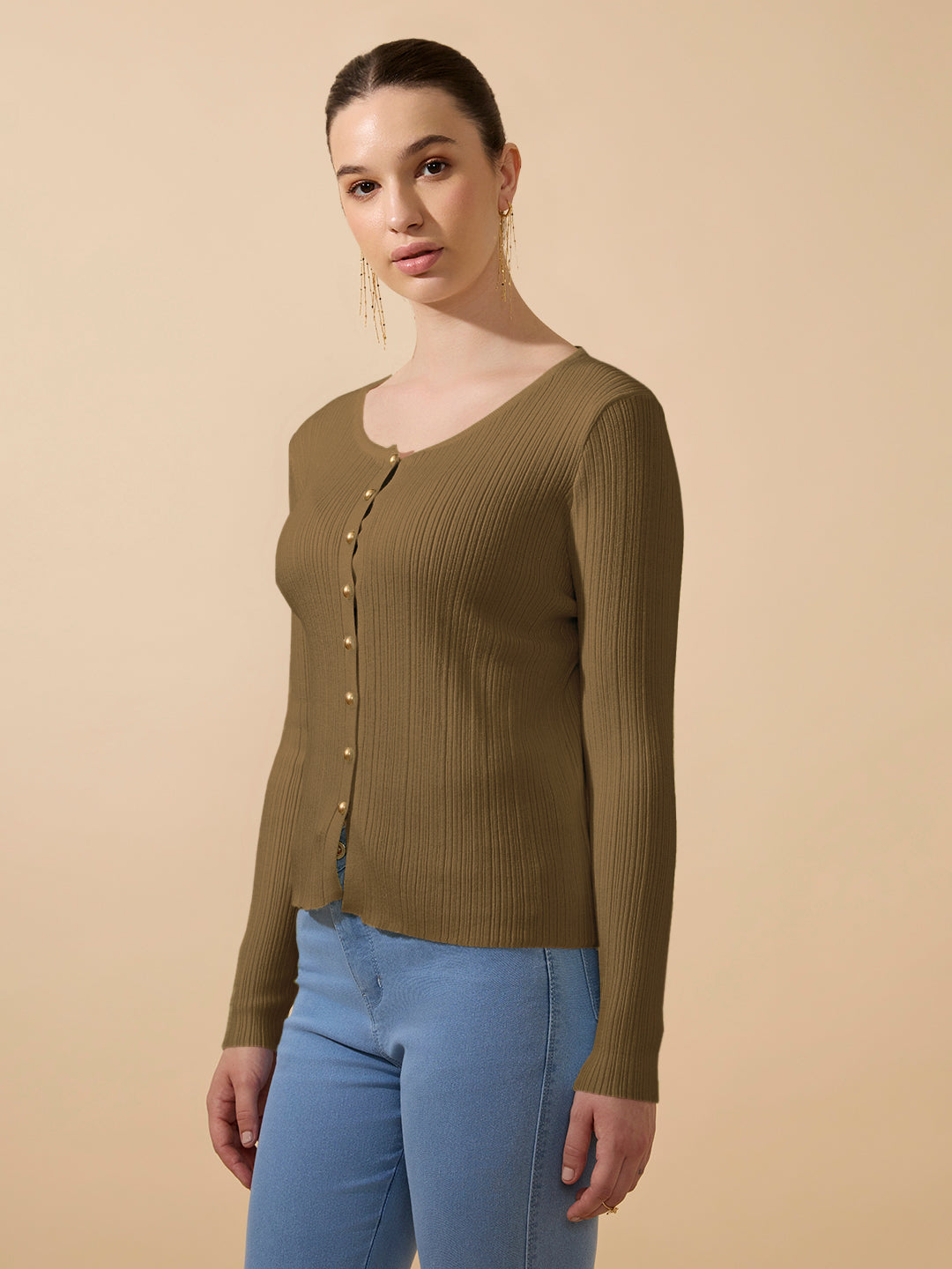 Women's Ribbed Olive Full Sleeves Top with Gold Buttons