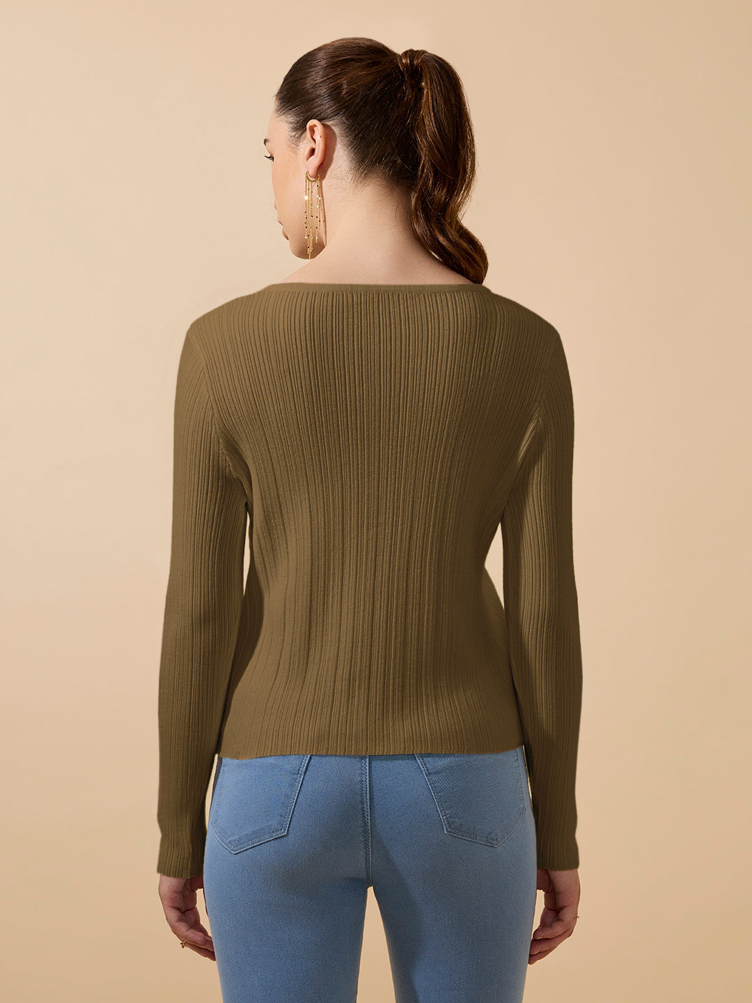 Women's Ribbed Olive Full Sleeves Top with Gold Buttons