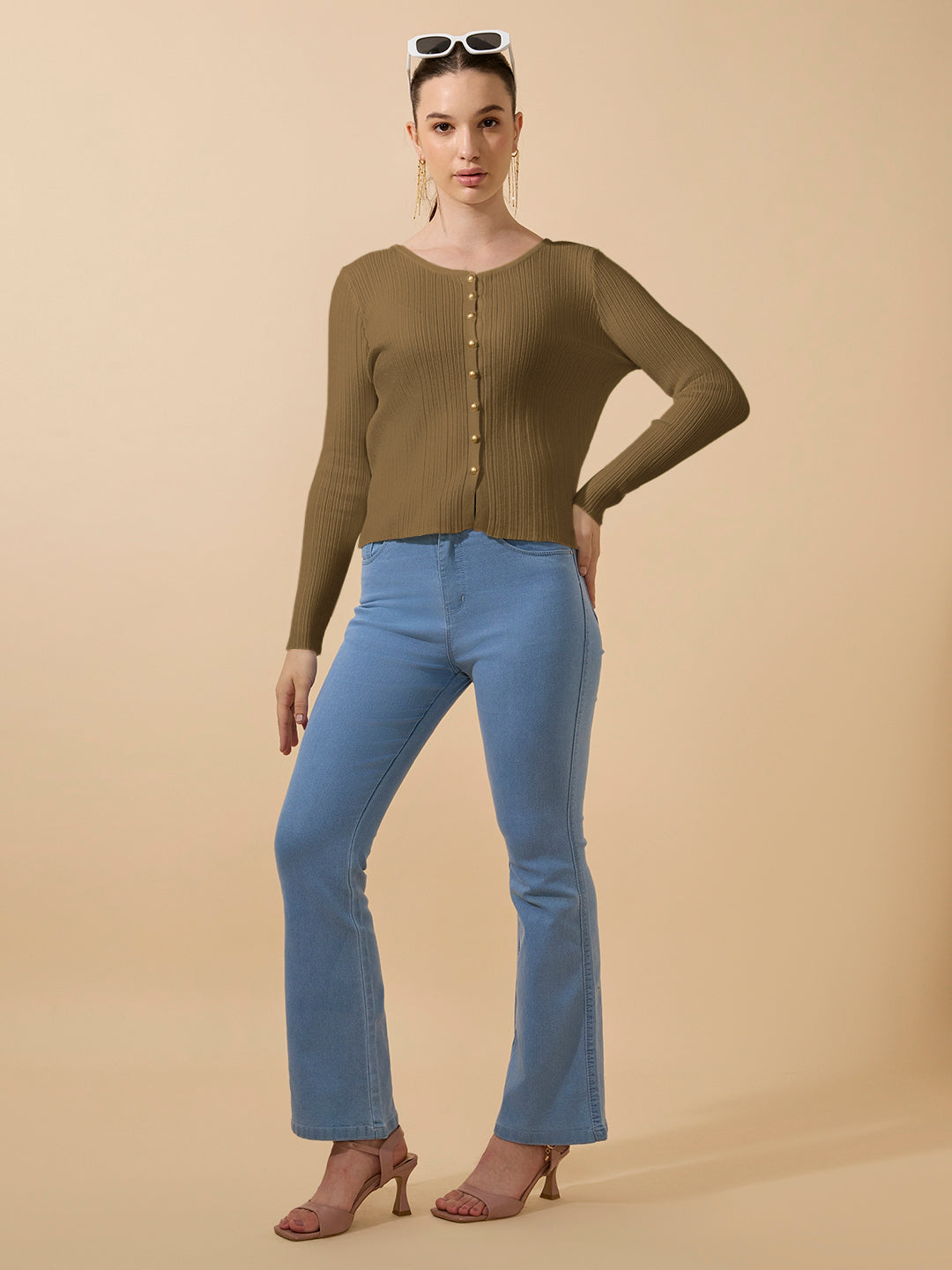 Women's Ribbed Olive Full Sleeves Top with Gold Buttons