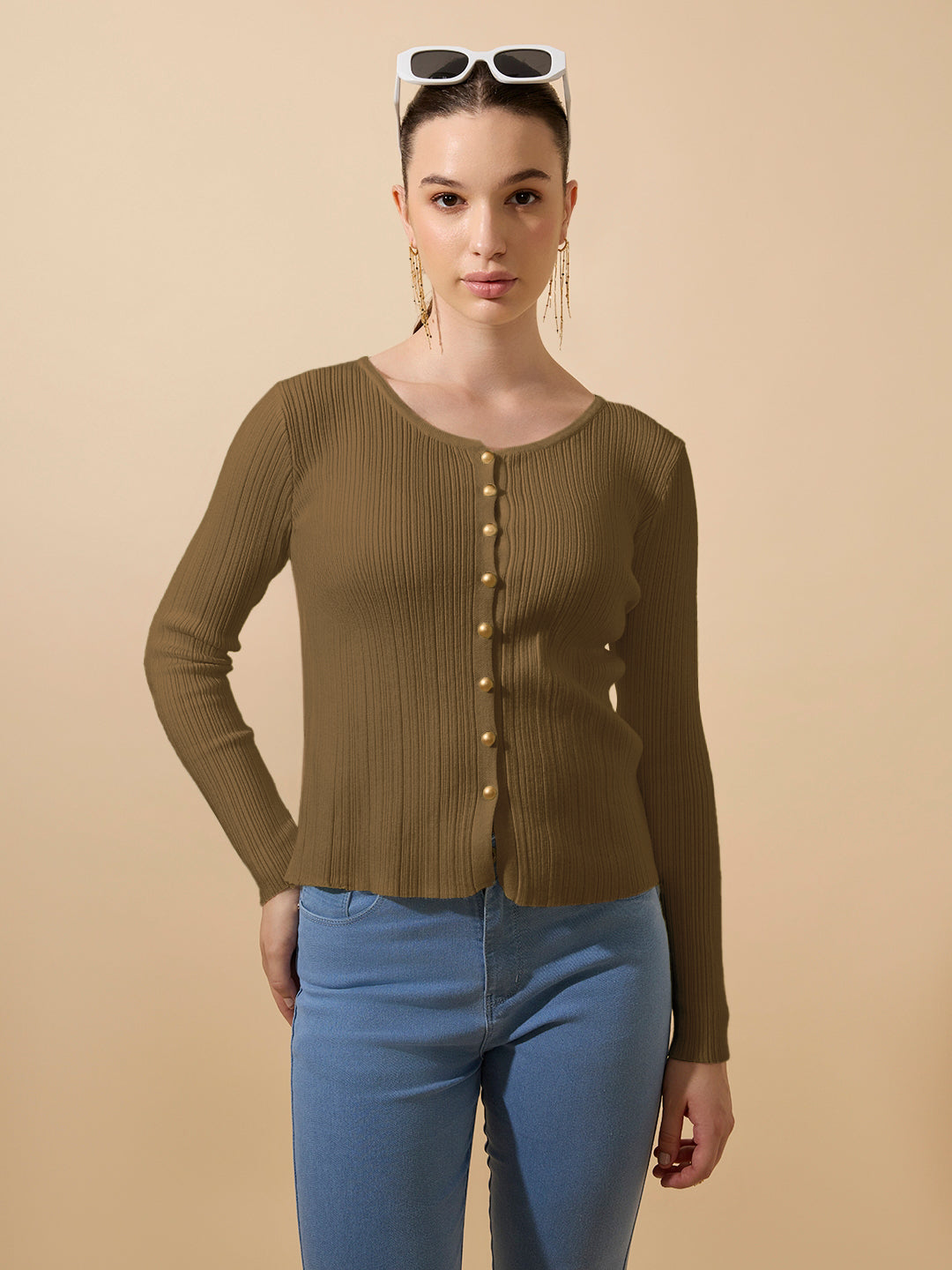 Women's Ribbed Olive Full Sleeves Top with Gold Buttons