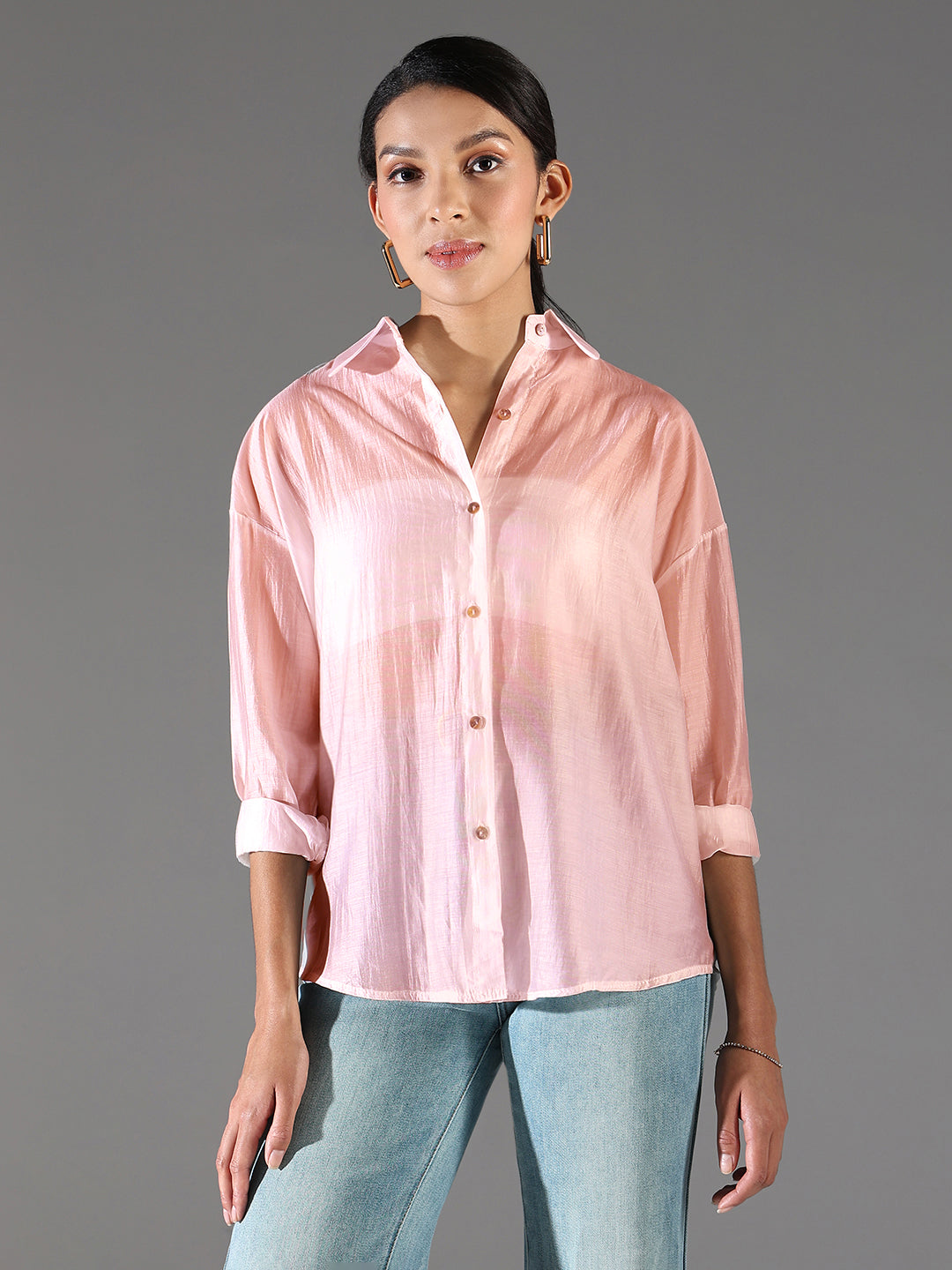 Women Peach Solid Oversized Shirt