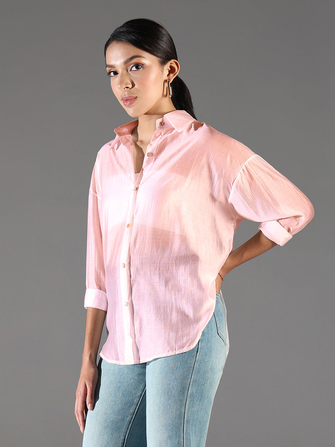 Women Peach Solid Oversized Shirt