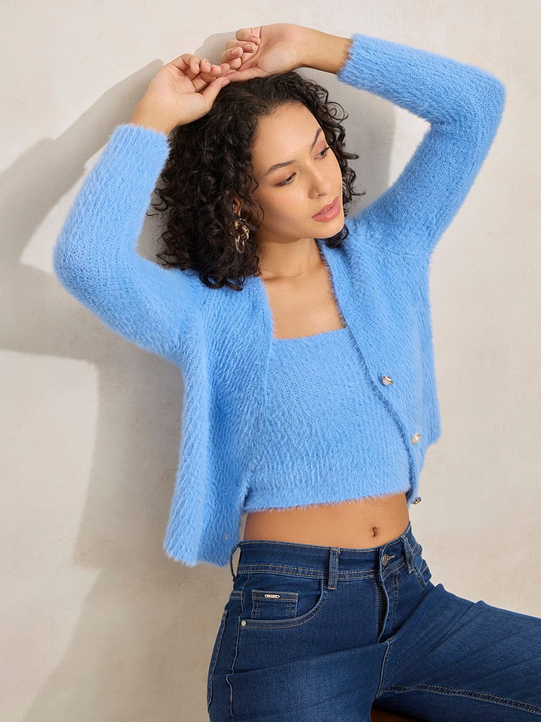 Women's Textured Blue Fuzzy Crop Top with Sweater