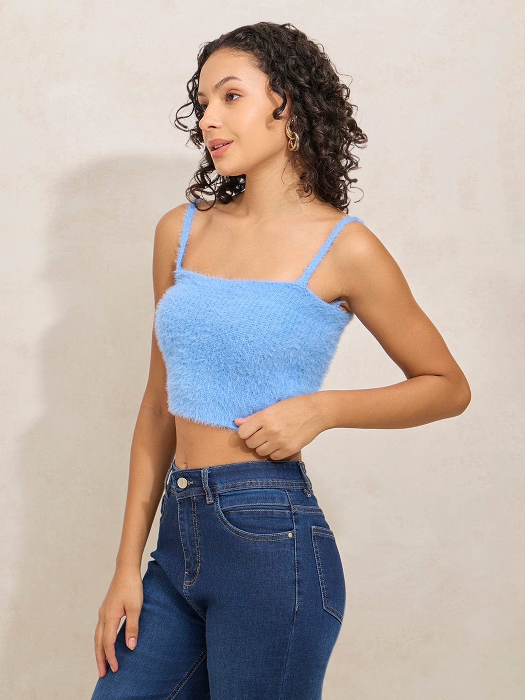 Women's Textured Blue Fuzzy Crop Top with Sweater