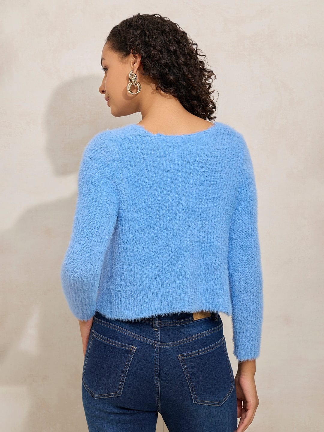 Women's Textured Blue Fuzzy Crop Top with Sweater