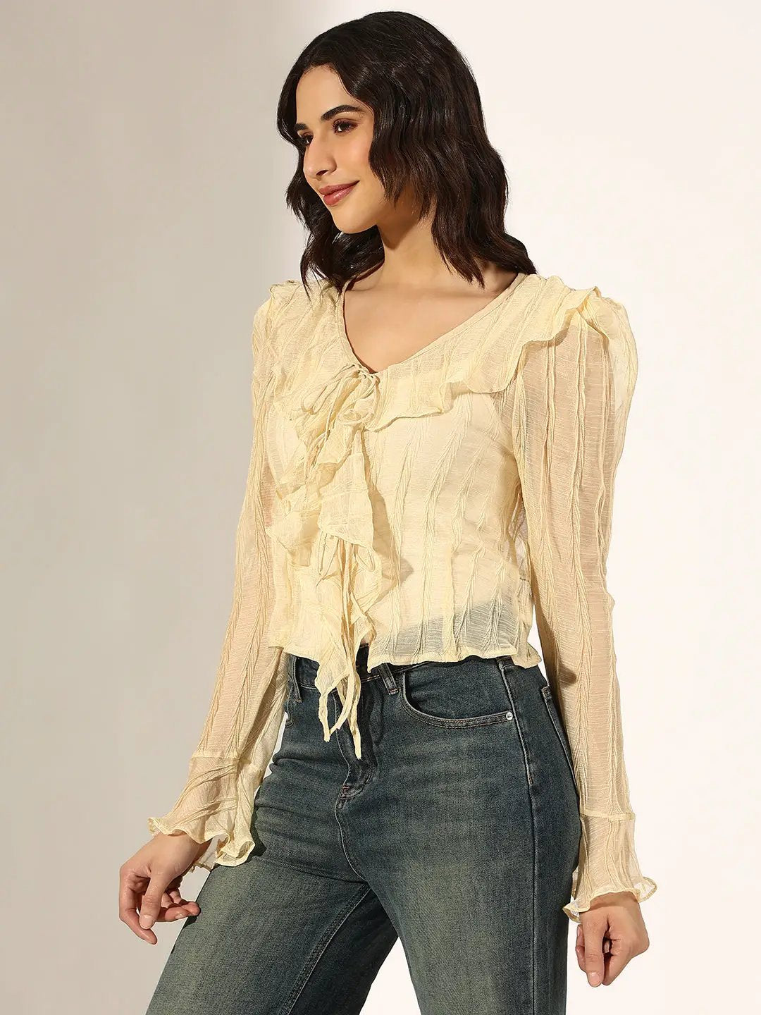 Women's Textured Cream Ruffled Top with Front Tie-Up - from SHOWOFFFF