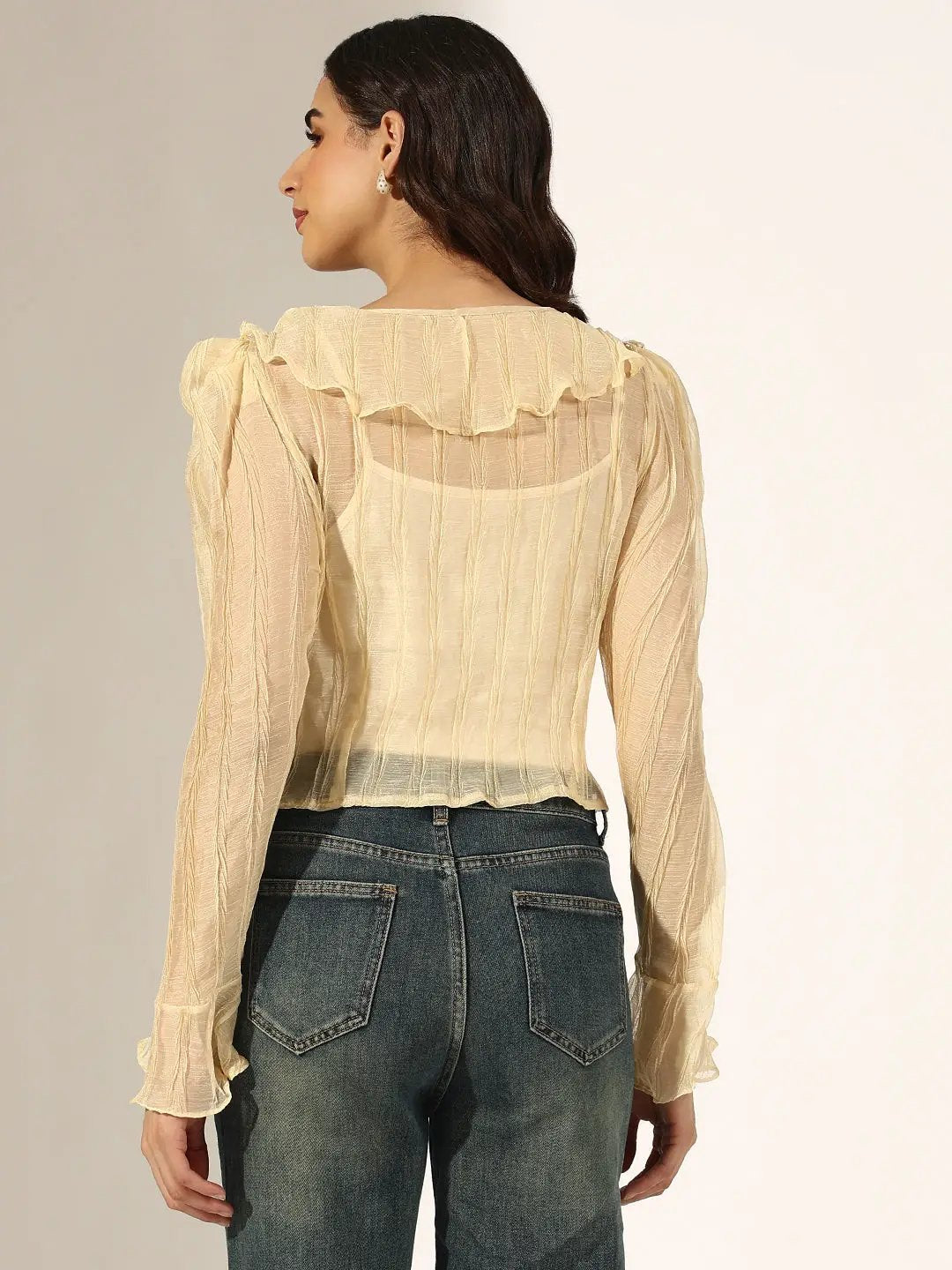 Women's Textured Cream Ruffled Top with Front Tie-Up - from SHOWOFFFF
