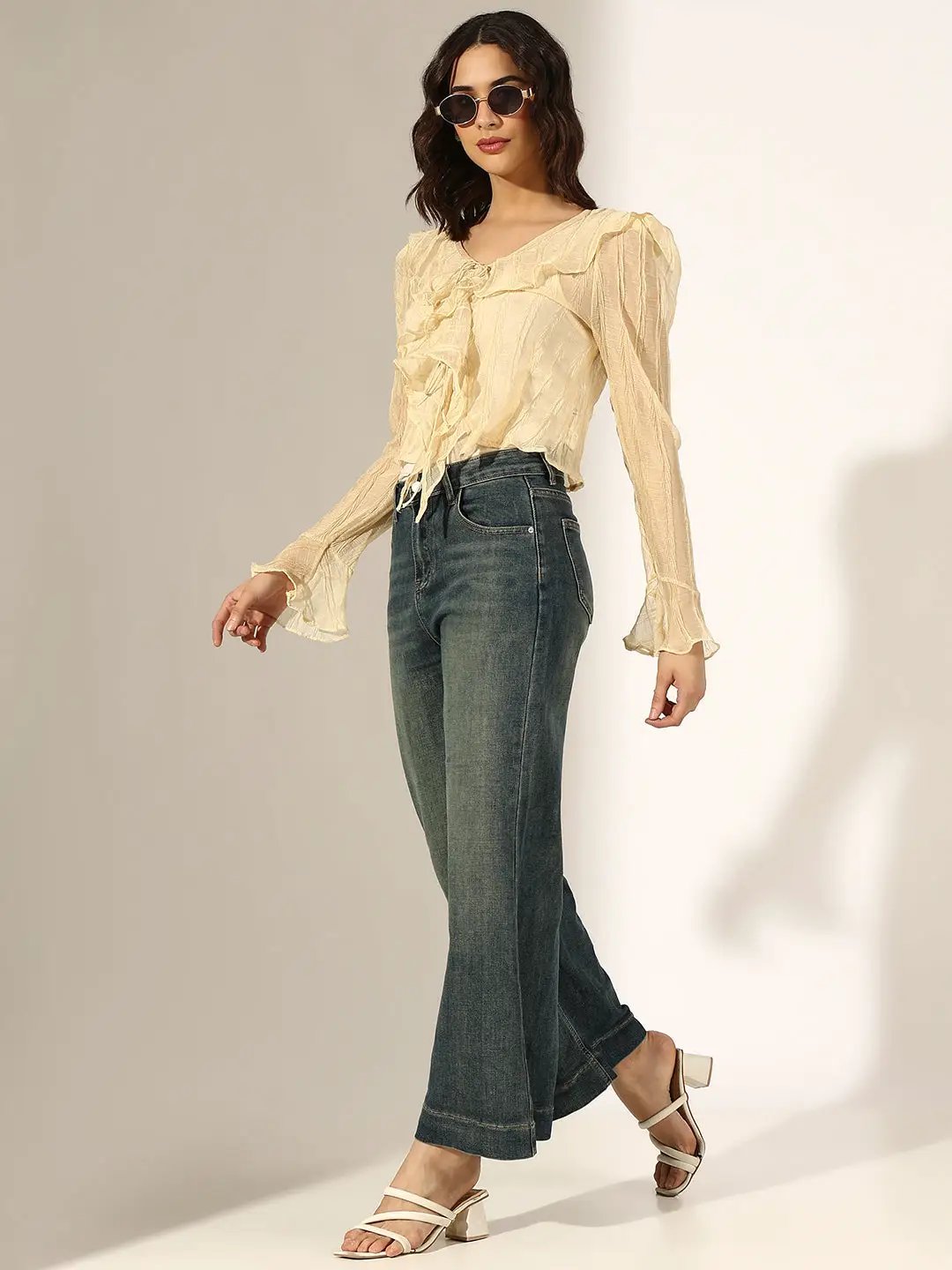 Women's Textured Cream Ruffled Top with Front Tie-Up - from SHOWOFFFF