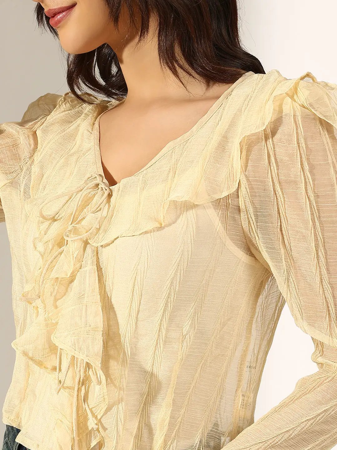 Women's Textured Cream Ruffled Top with Front Tie-Up - from SHOWOFFFF