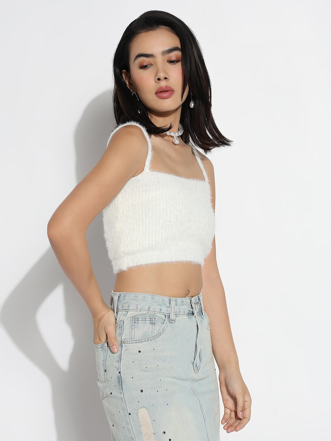 Women Shoulder Straps Off White Solid Crop Tank Top with Shrug