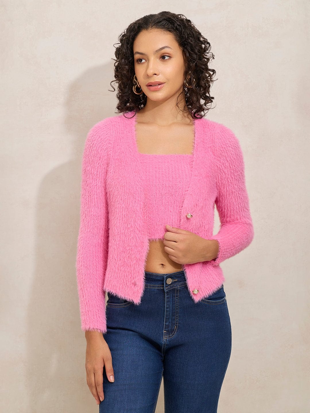 Women's Textured Pink Fuzzy Crop Top with Sweater