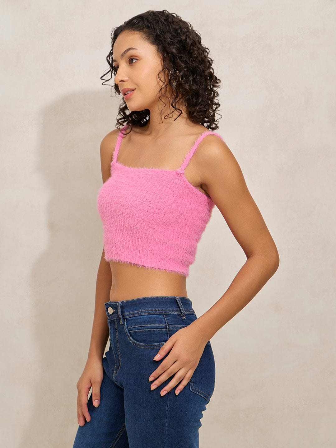 Women's Textured Pink Fuzzy Crop Top with Sweater