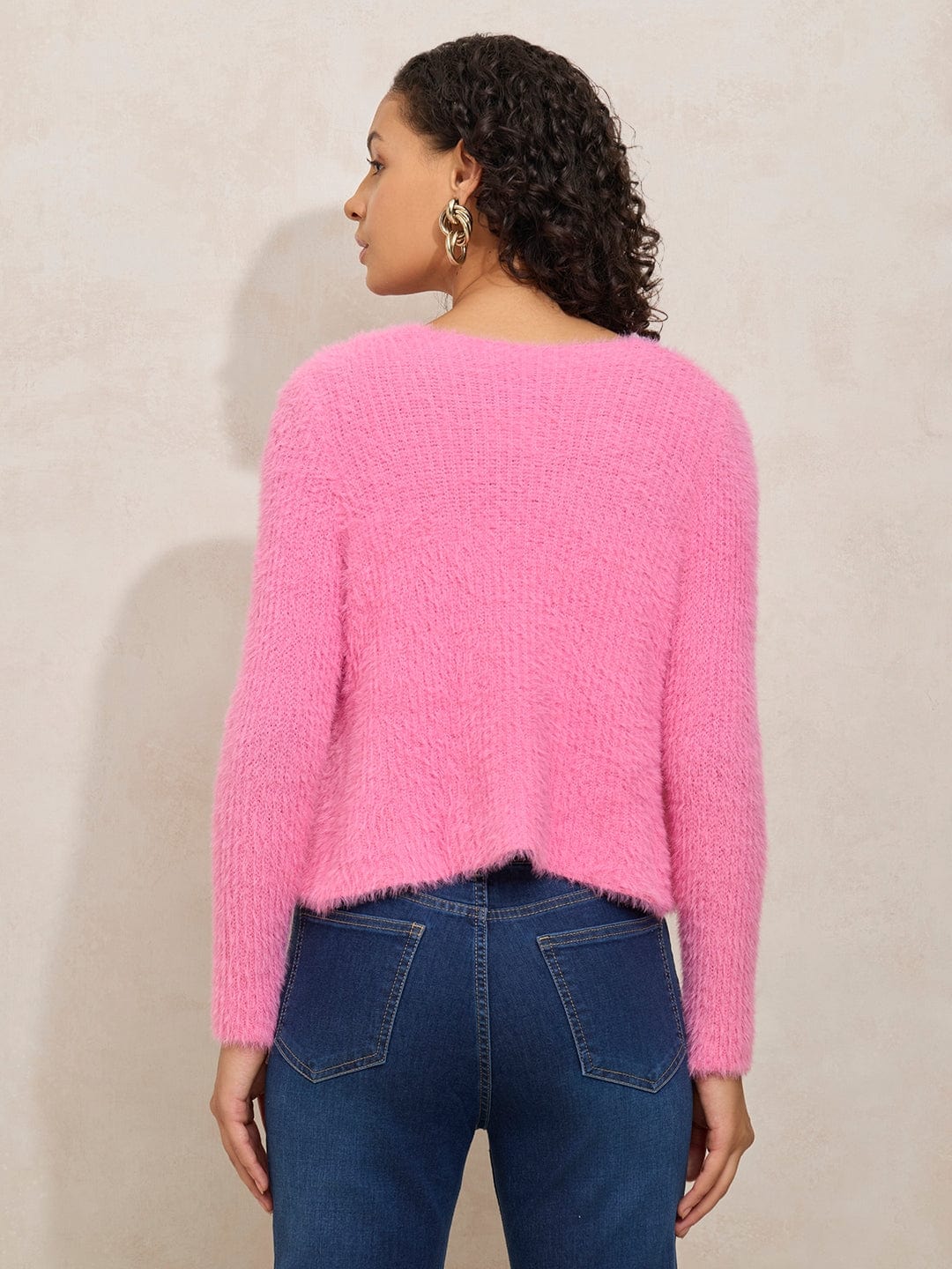 Women's Textured Pink Fuzzy Crop Top with Sweater