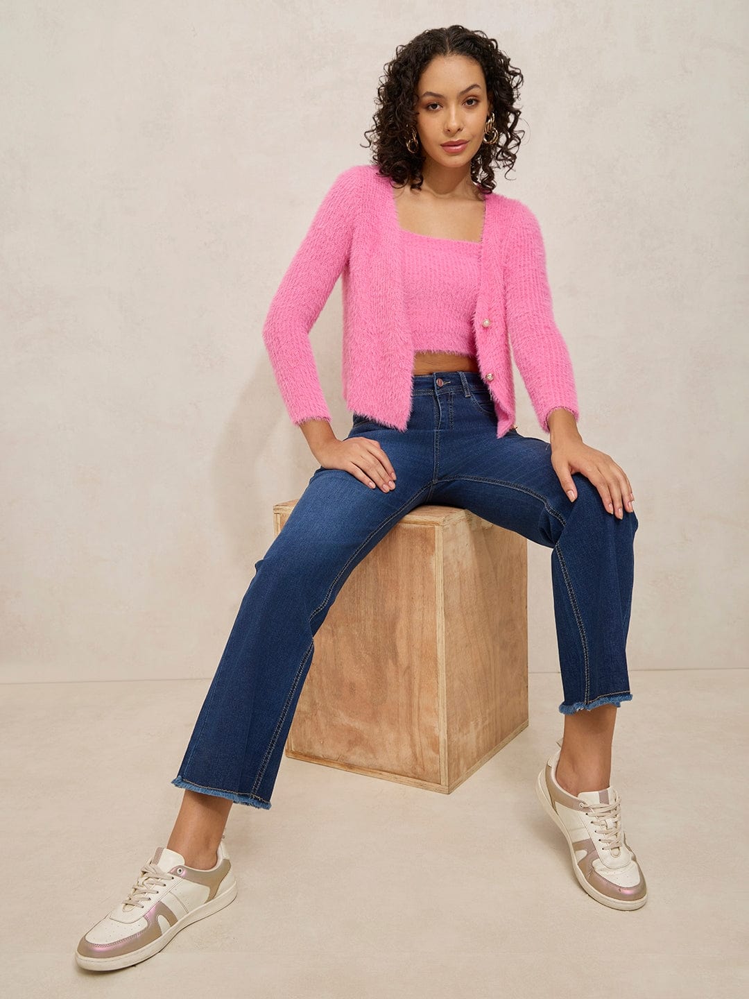 Women's Textured Pink Fuzzy Crop Top with Sweater