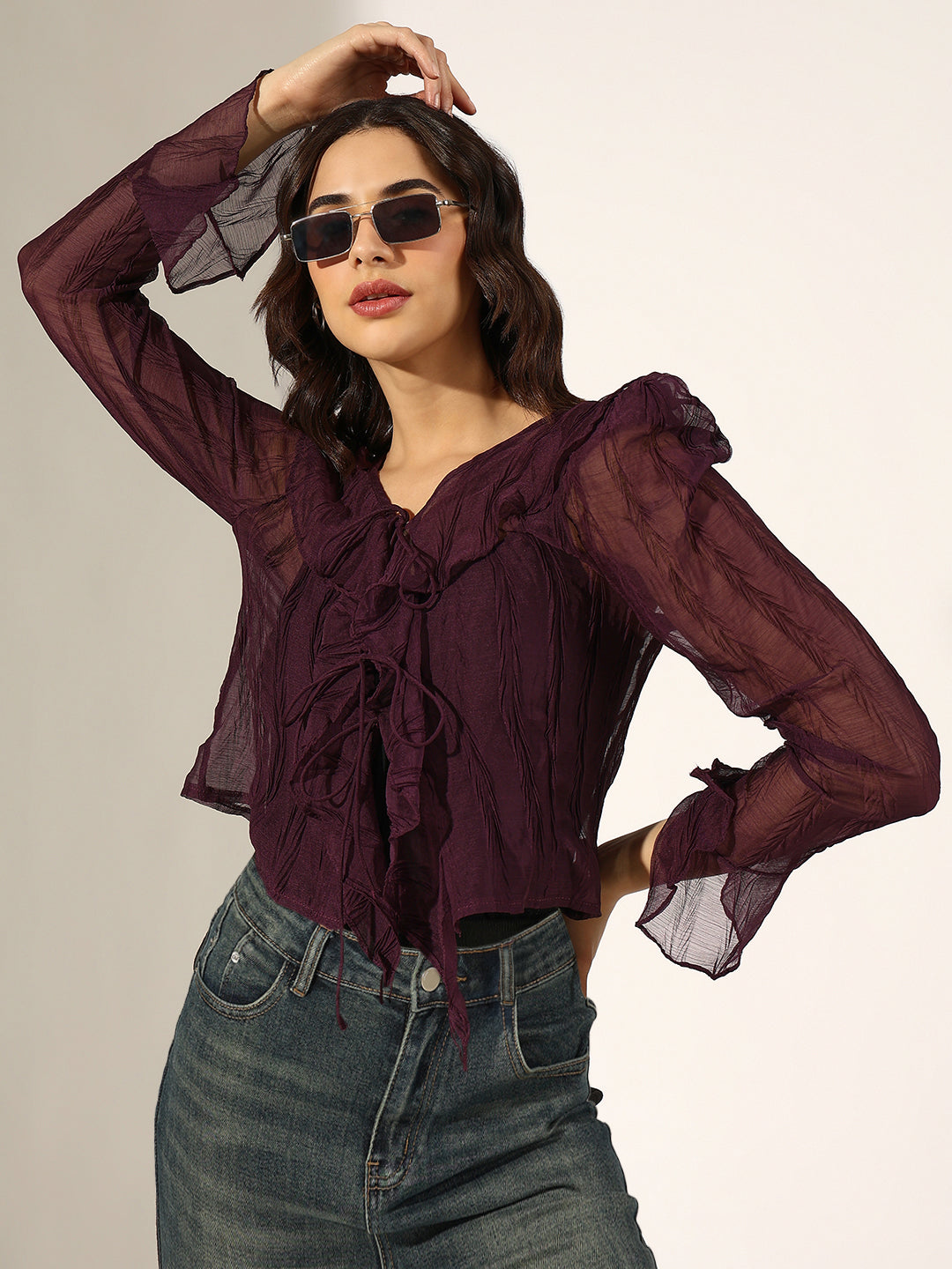 Women's Textured Purple Ruffled Top with Front Tie-Up
