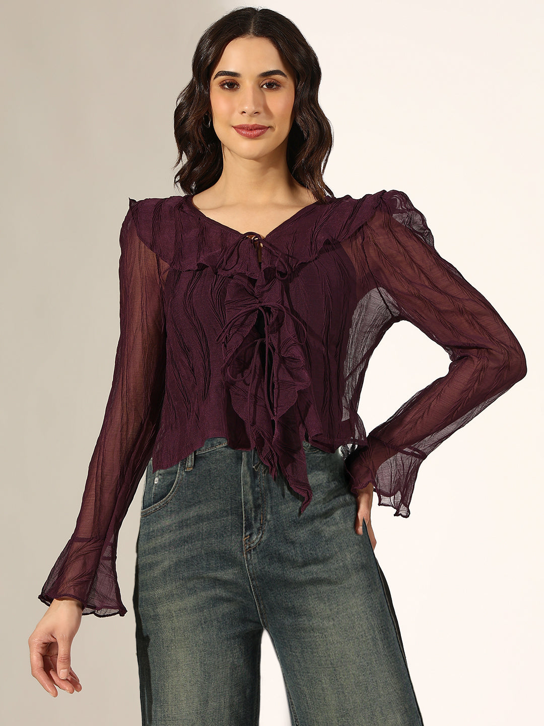 Women's Textured Purple Ruffled Top with Front Tie-Up