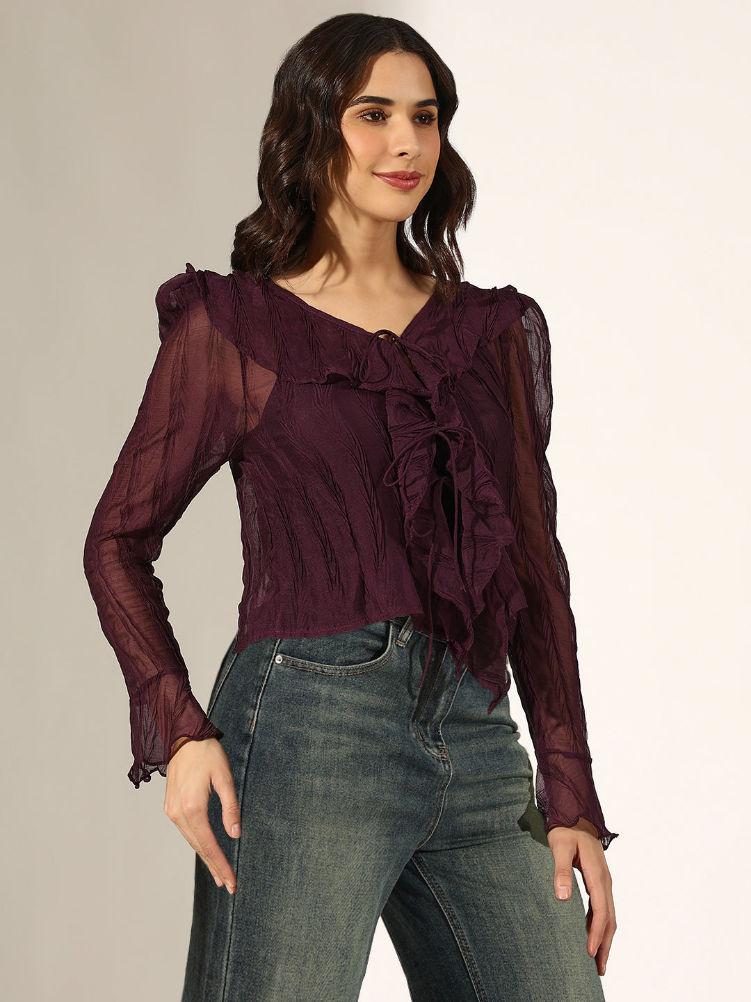 Women's Textured Purple Ruffled Top with Front Tie-Up