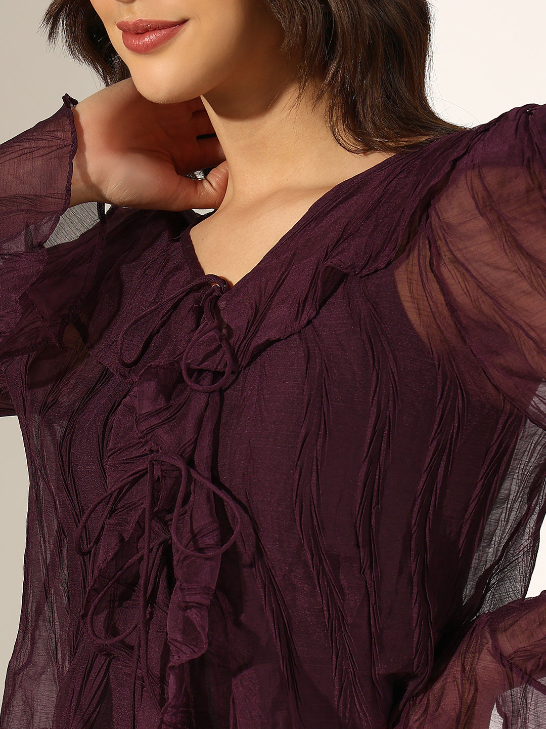 Women's Textured Purple Ruffled Top with Front Tie-Up