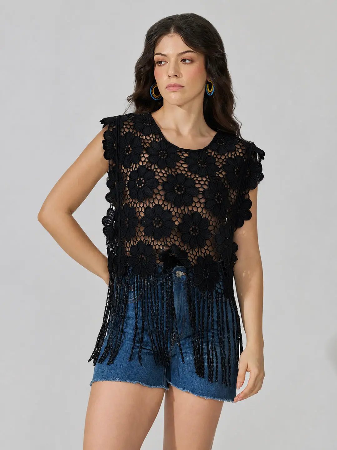 Women's Floral Crochet Black Sleeveless Fringe Hem Top - from SHOWOFFFF