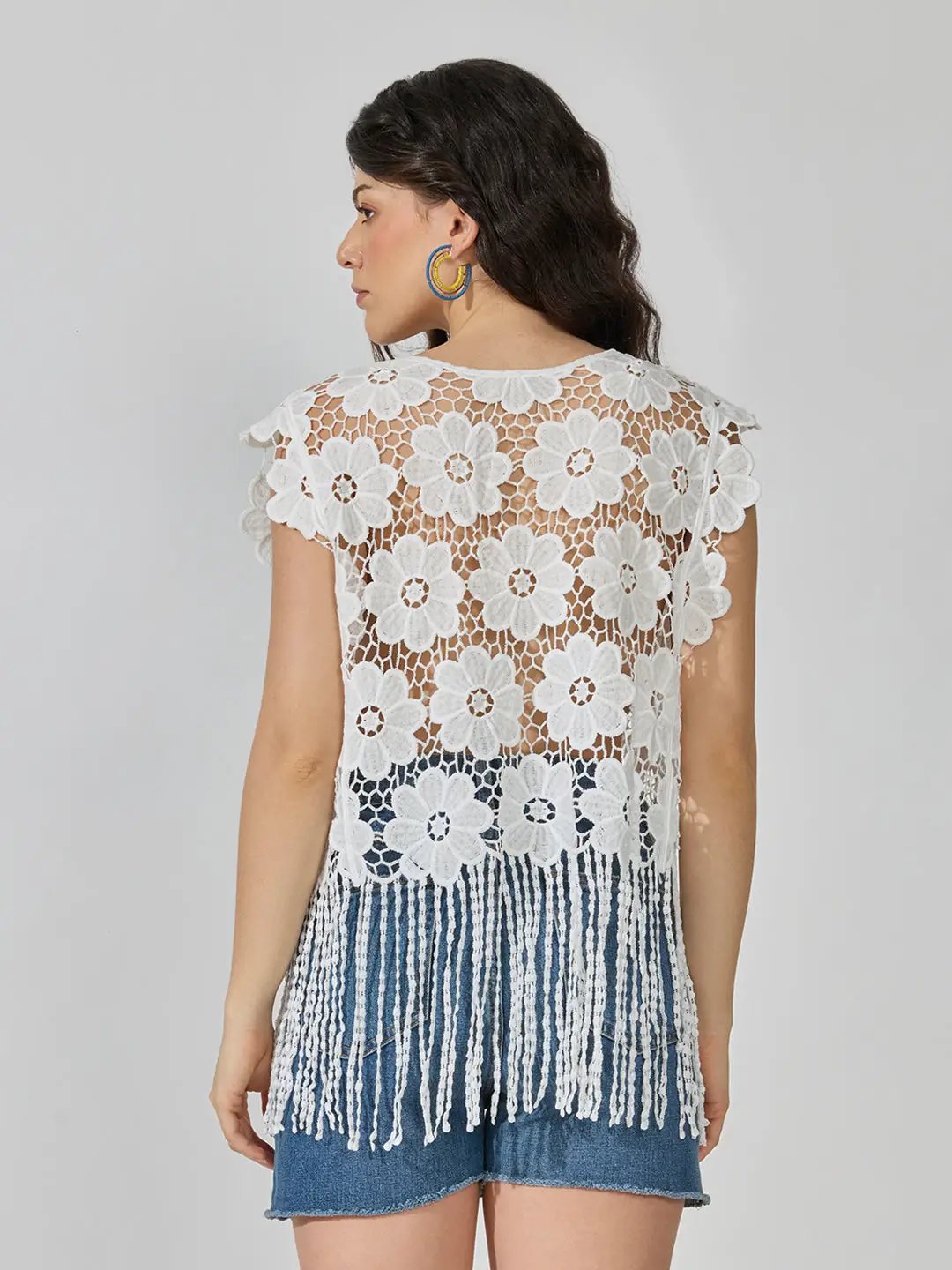 Women's Floral Crochet White Sleeveless Fringe Hem Top