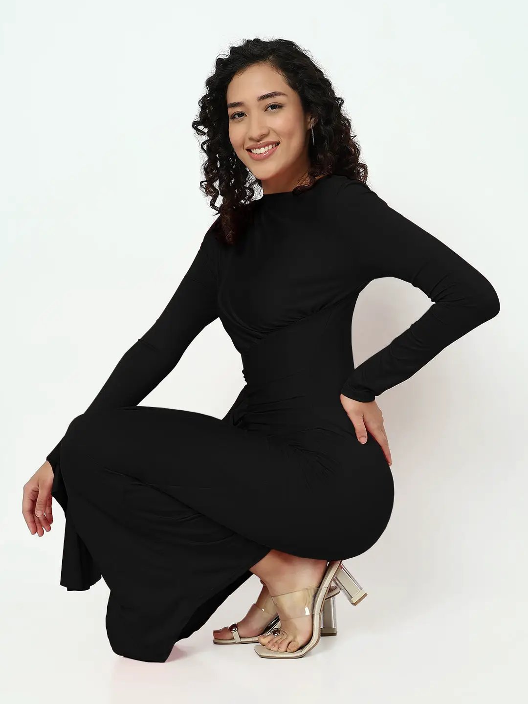 Shop Women's Black Long Sleeve Ruched Bodycon Maxi Dress with Ruffles| Showoffff Shop Women's Black Long Sleeve Ruched Bodycon Maxi Dress with Ruffles| Showoffff