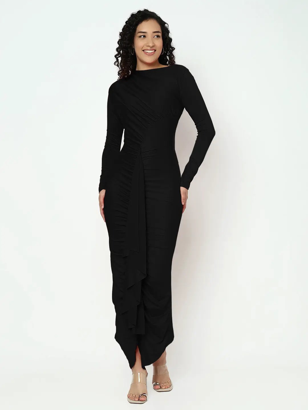 Shop Women's Black Long Sleeve Ruched Bodycon Maxi Dress with Ruffles| Showoffff Shop Women's Black Long Sleeve Ruched Bodycon Maxi Dress with Ruffles| Showoffff