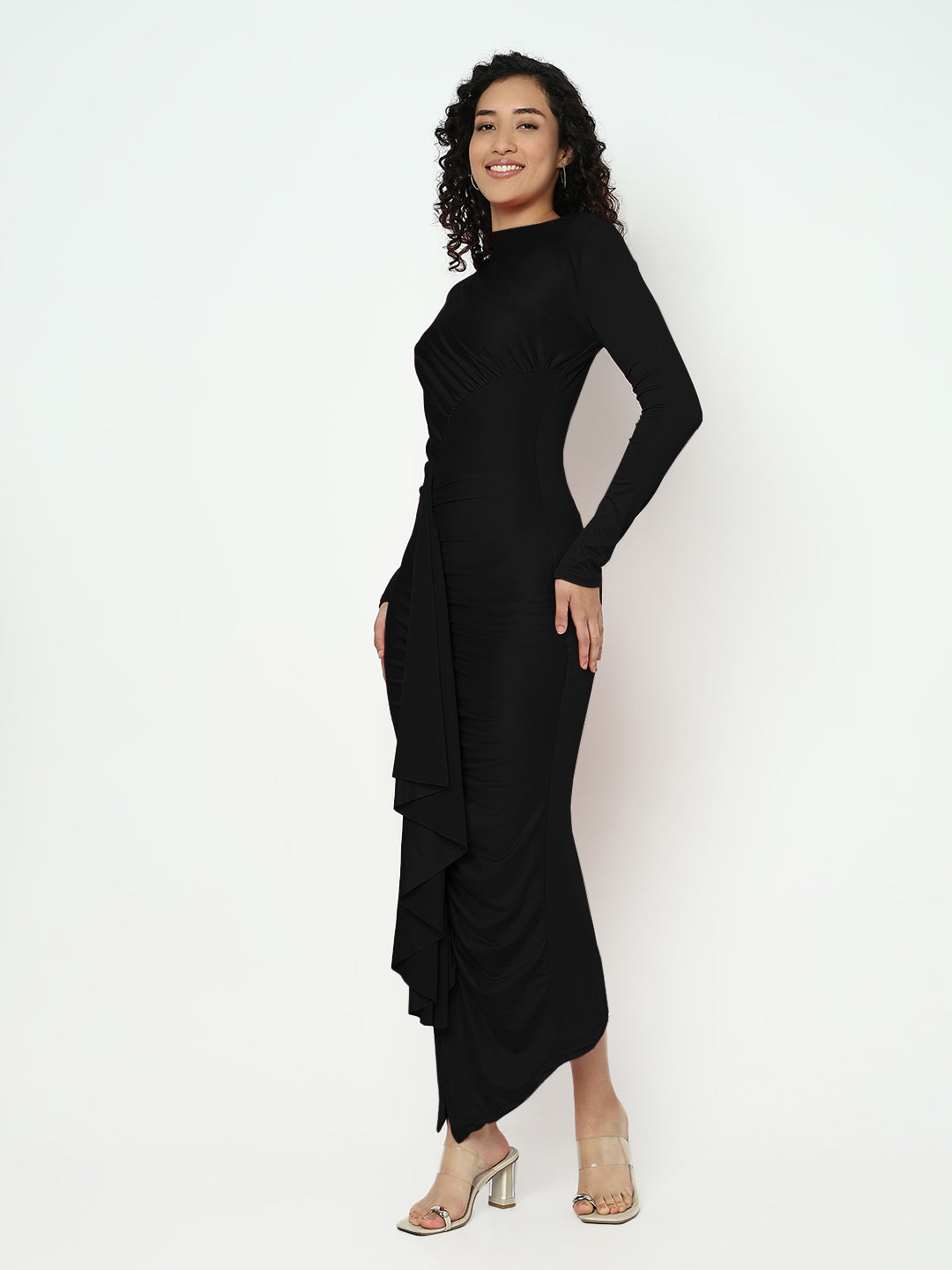 Women's Black Long Sleeve Ruched Bodycon Maxi Dress with Ruffles