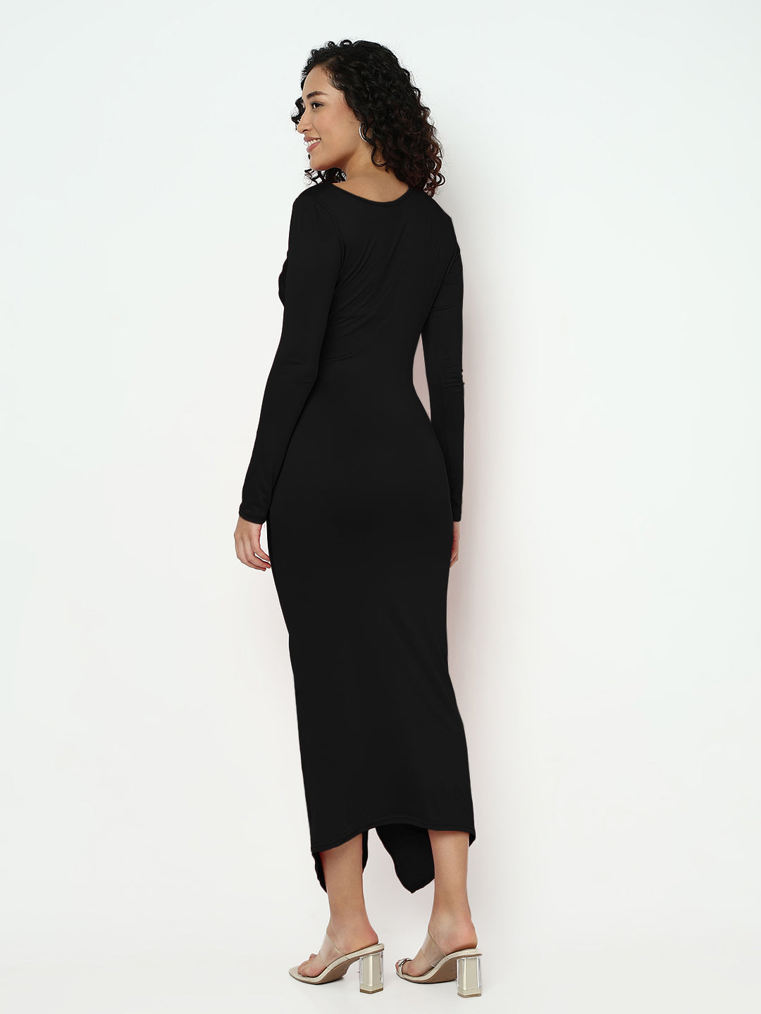 Women's Black Long Sleeve Ruched Bodycon Maxi Dress with Ruffles