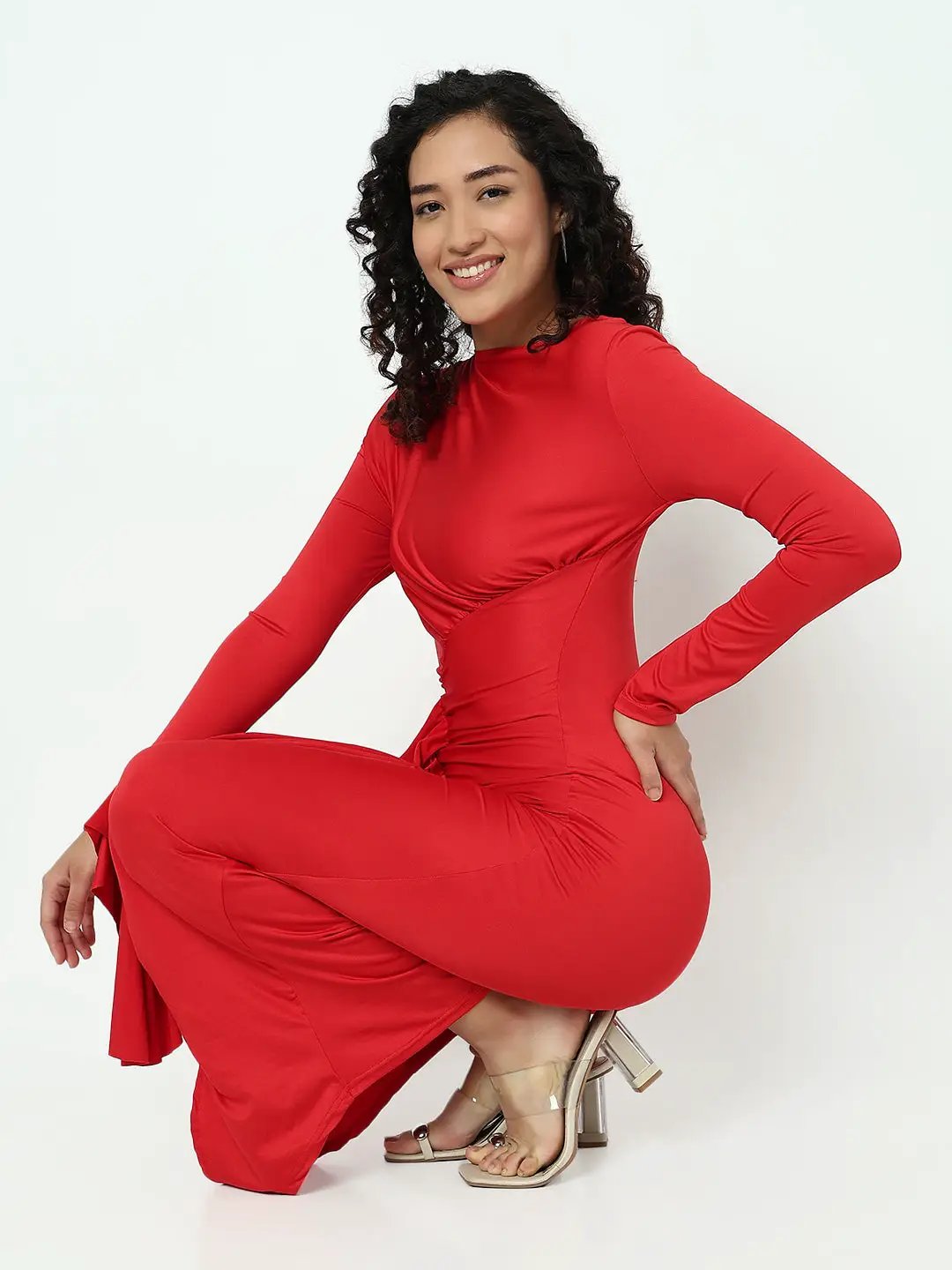 Shop Women's Red Long Sleeve Ruched Bodycon Maxi Dress with Ruffles| Showoffff Shop Women's Red Long Sleeve Ruched Bodycon Maxi Dress with Ruffles| Showoffff