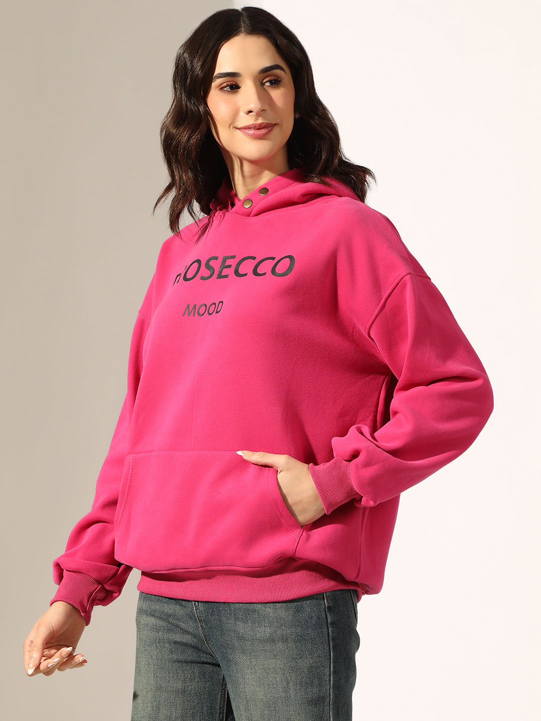 Women's Typography Pink Oversized Hoodie with Kangaroo Pocket