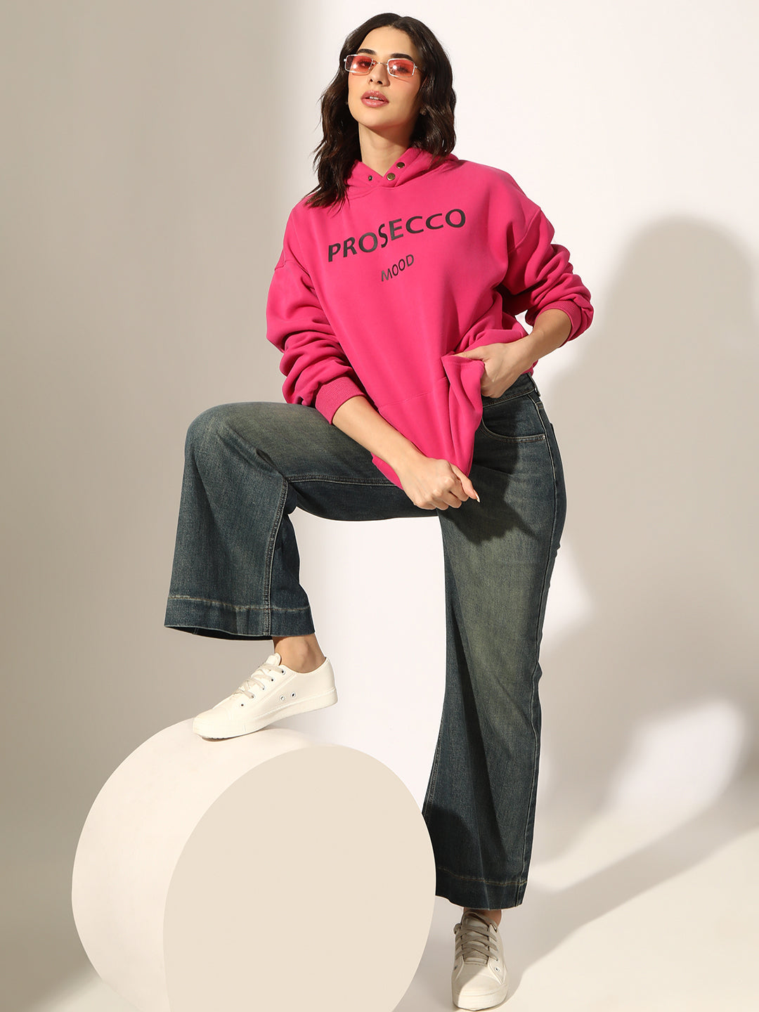 Women's Typography Pink Oversized Hoodie with Kangaroo Pocket