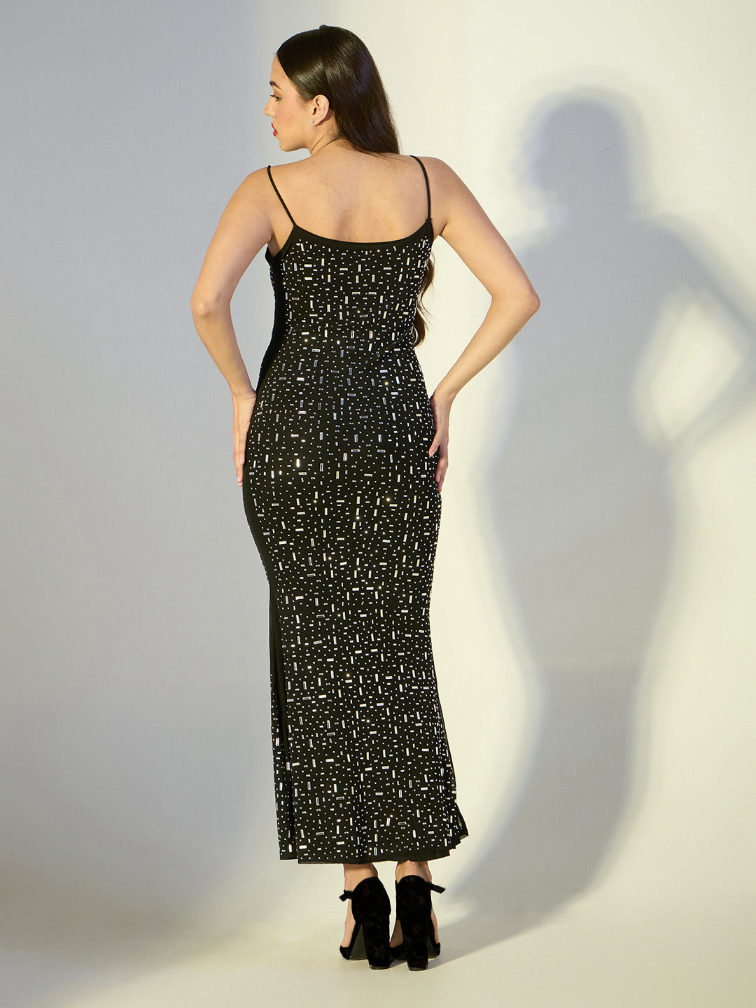 Women's Sequin Black Maxi Slip Mesh Dress