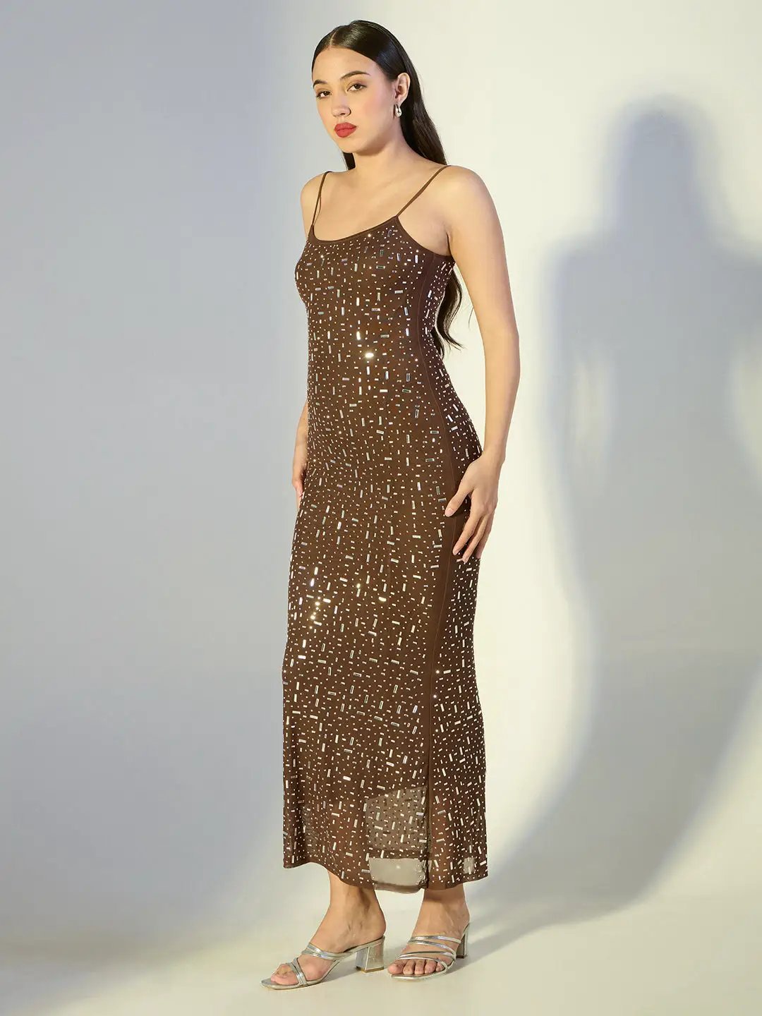 Shop Women's Sequin Brown Maxi Slip Mesh Dress| Showoffff Shop Women's Sequin Brown Maxi Slip Mesh Dress| Showoffff