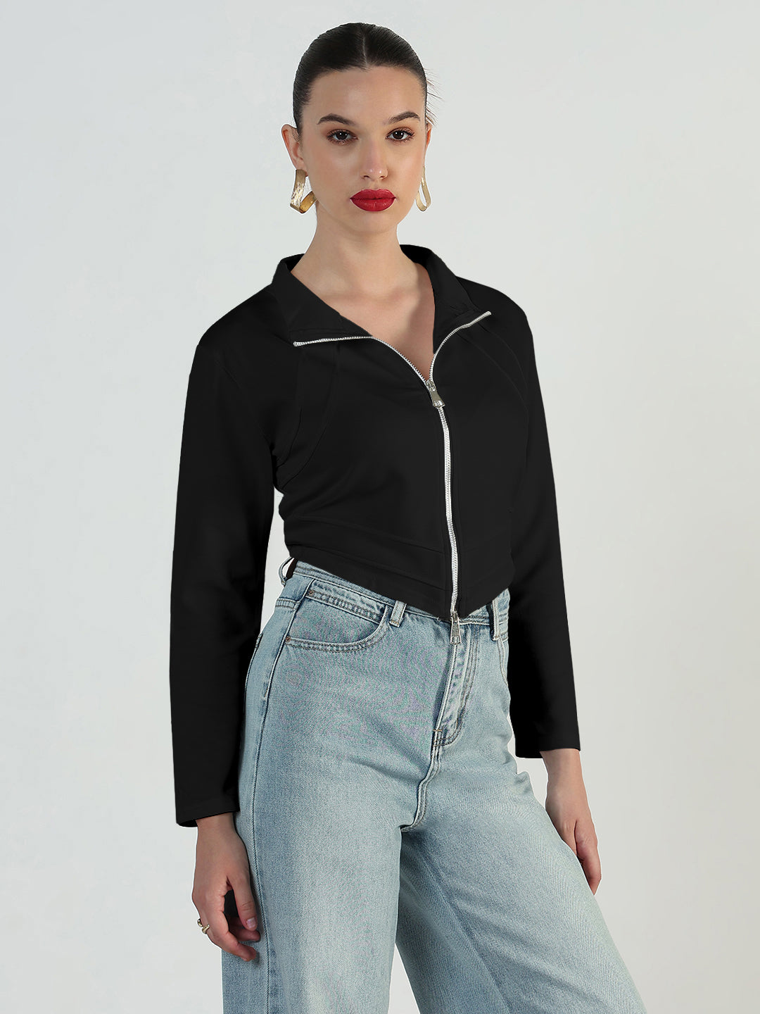 Women's Black Full Sleeve Zipper Short Top
