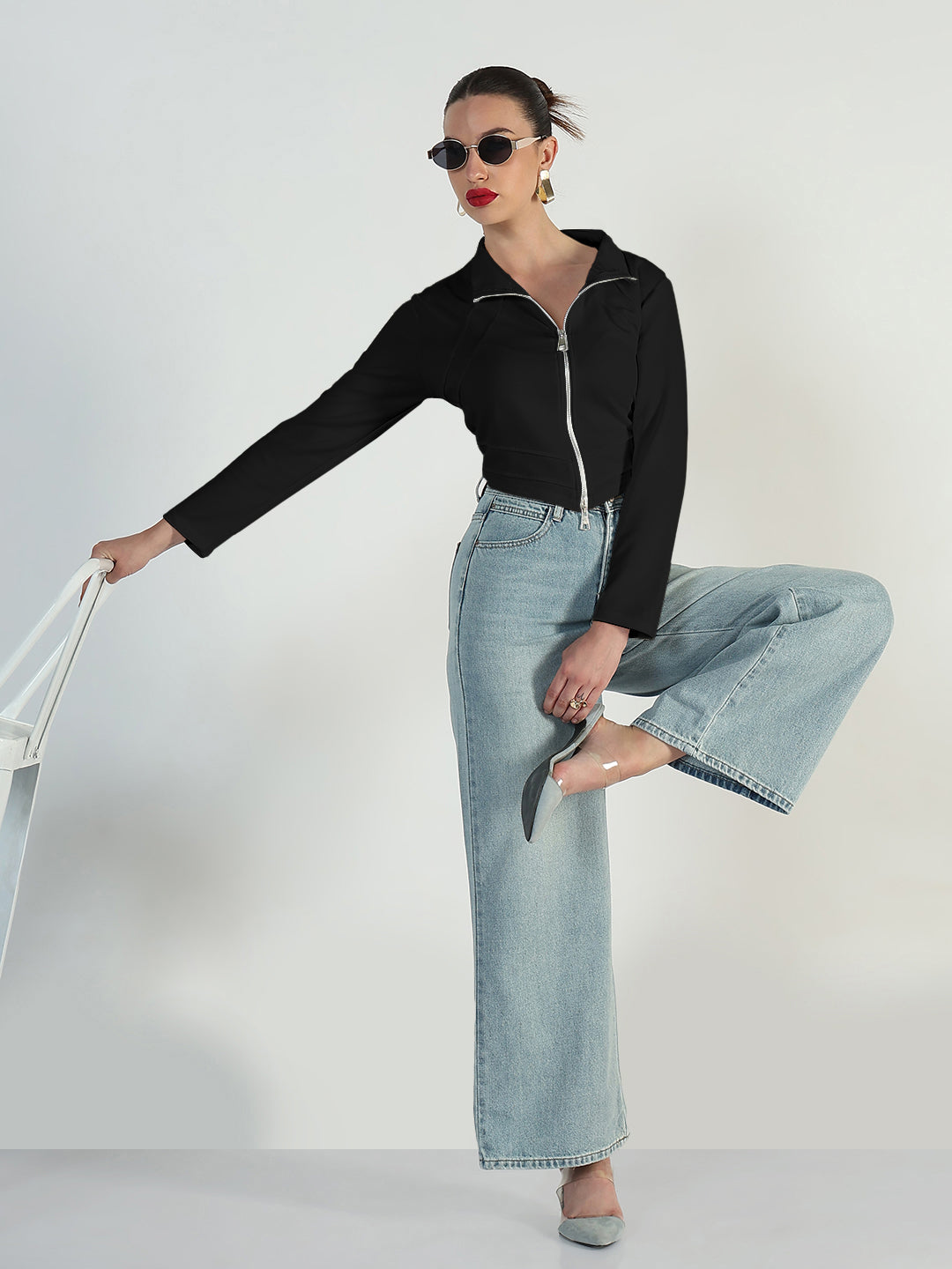 Women's Black Full Sleeve Zipper Short Top