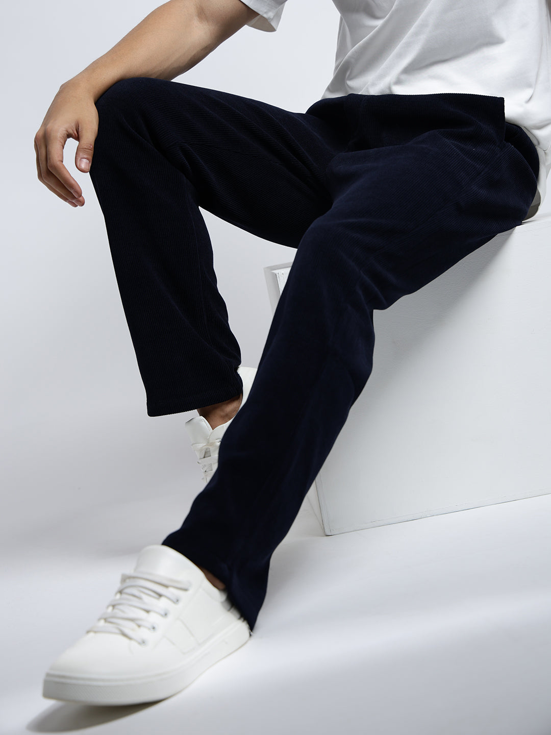 Men's Corduroy Navy Blue Regular Fit Trousers with Elasticated Waist and Drawstring