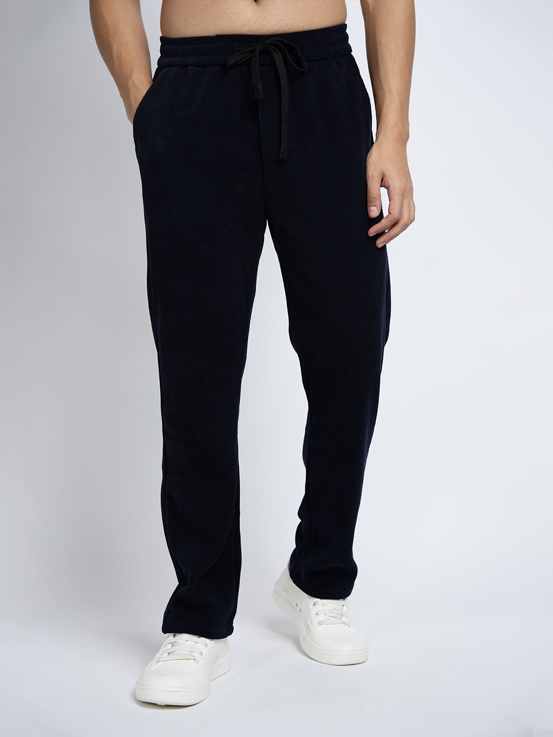 Men's Corduroy Navy Blue Regular Fit Trousers with Elasticated Waist and Drawstring