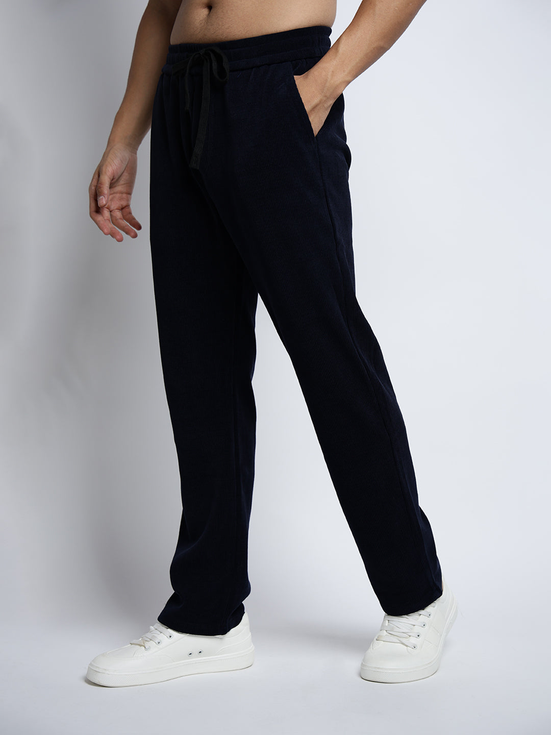 Men's Corduroy Navy Blue Regular Fit Trousers with Elasticated Waist and Drawstring