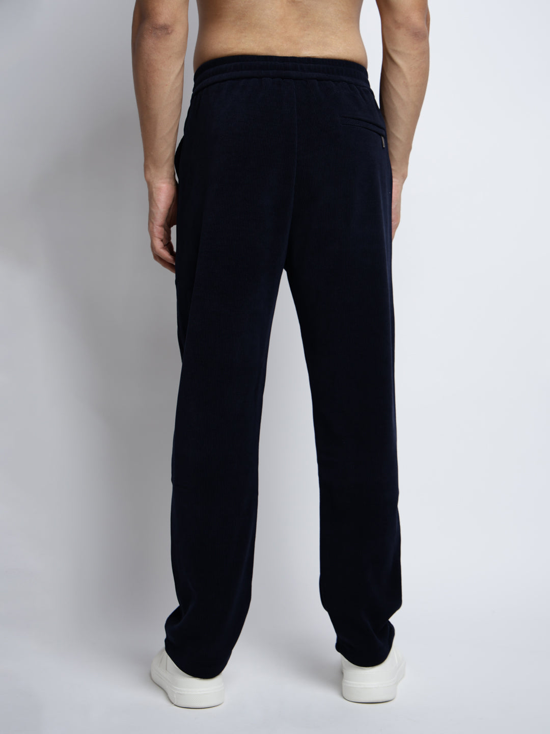 Men's Corduroy Navy Blue Regular Fit Trousers with Elasticated Waist and Drawstring