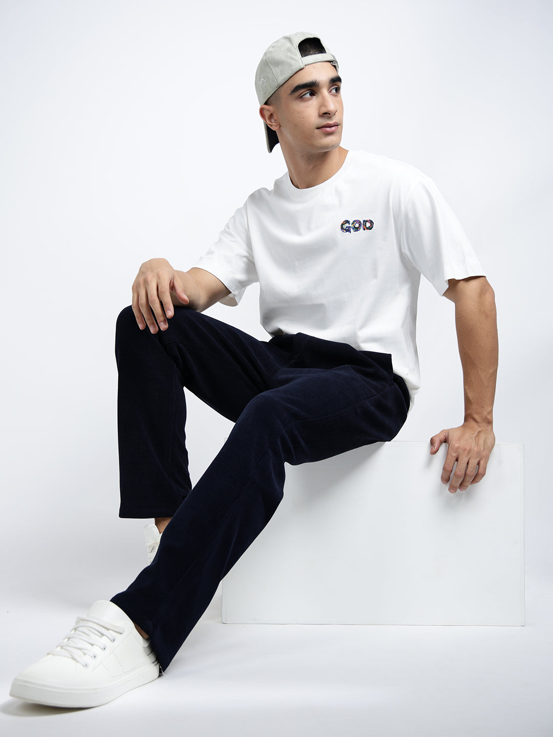 Men's Corduroy Navy Blue Regular Fit Trousers with Elasticated Waist and Drawstring