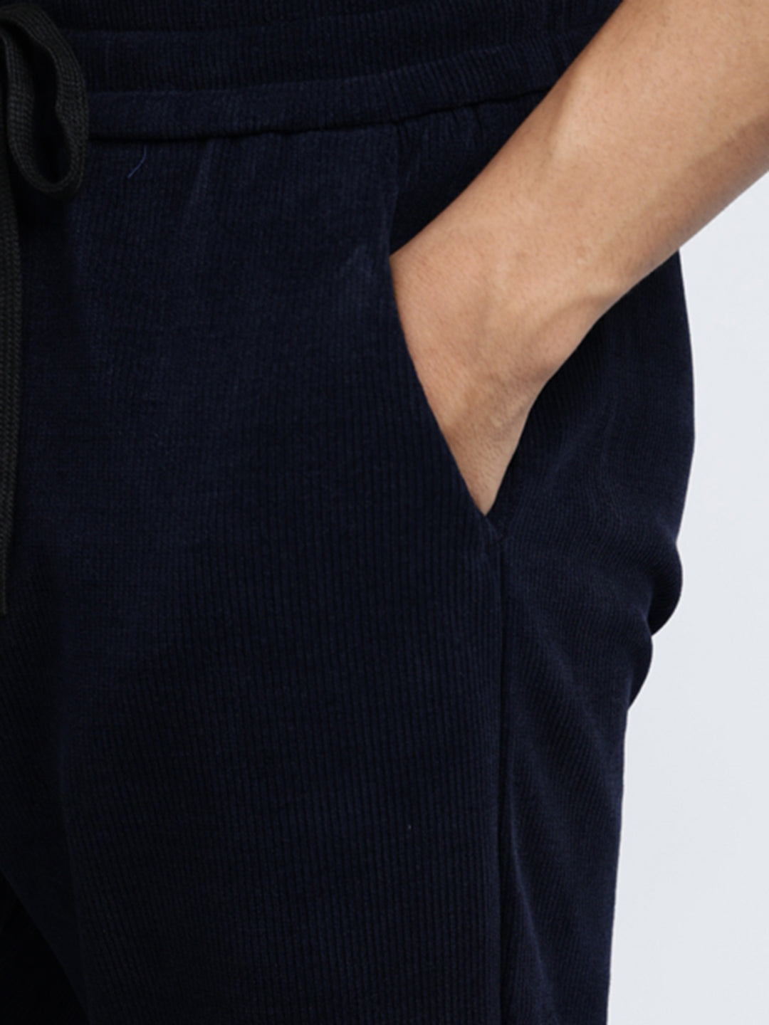 Men's Corduroy Navy Blue Regular Fit Trousers with Elasticated Waist and Drawstring