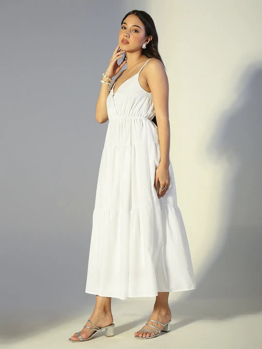 Shop Women's White Tiered Midi Dress with Spaghetti Straps| Showoffff Shop Women's White Tiered Midi Dress with Spaghetti Straps| Showoffff